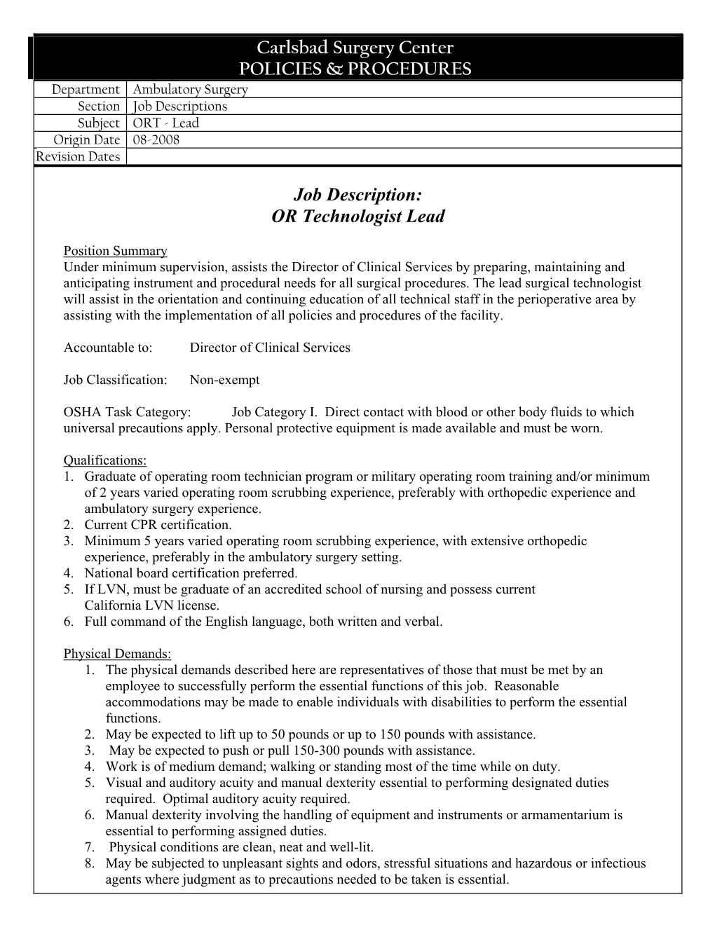 Job Description: OR Technologist Lead