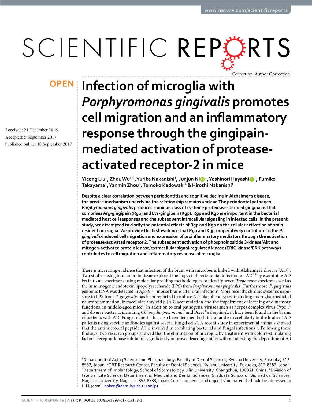 Infection of Microglia with Porphyromonas Gingivalis