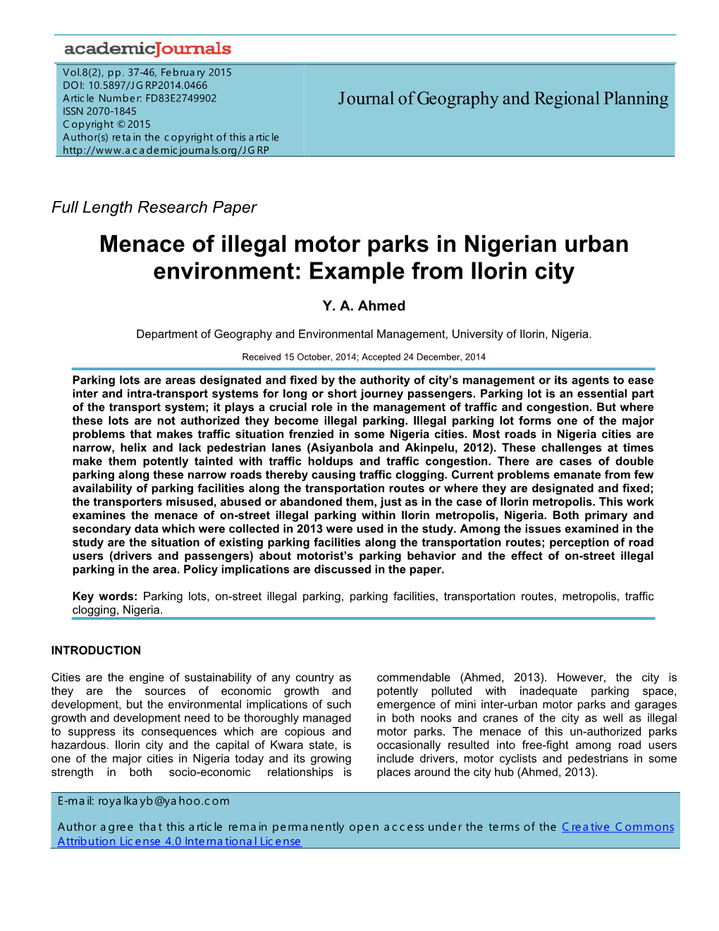 Menace of Illegal Motor Parks in Nigerian Urban Environment: Example from Ilorin City