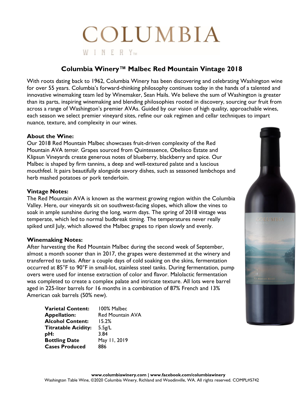 Columbia Winery™ Malbec Red Mountain Vintage 2018