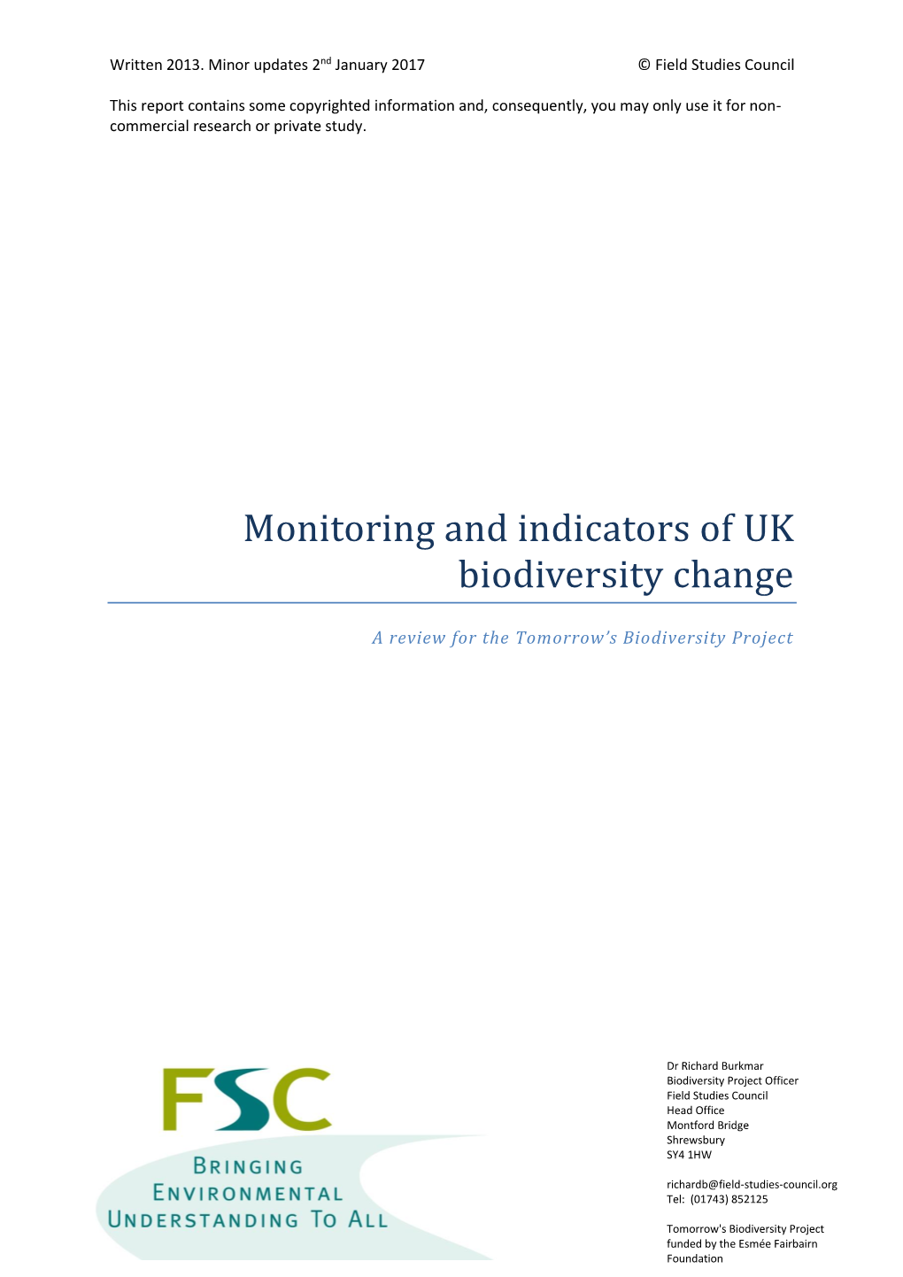 Monitoring and Indicators of UK Biodiversity Change