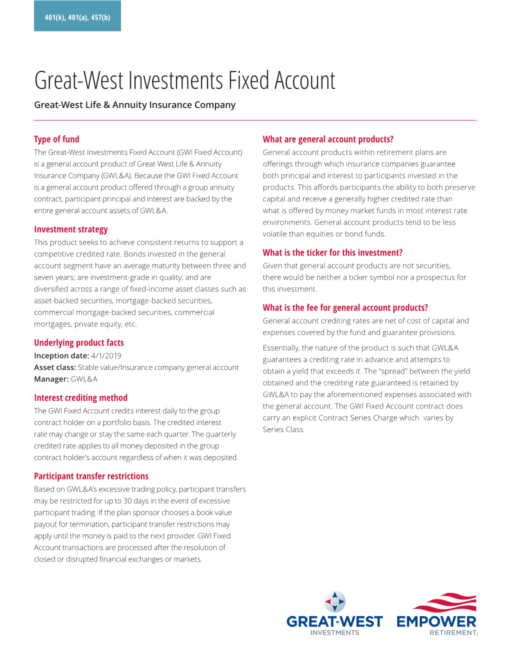 Great-West Investments Fixed Account Great-West Life & Annuity Insurance Company