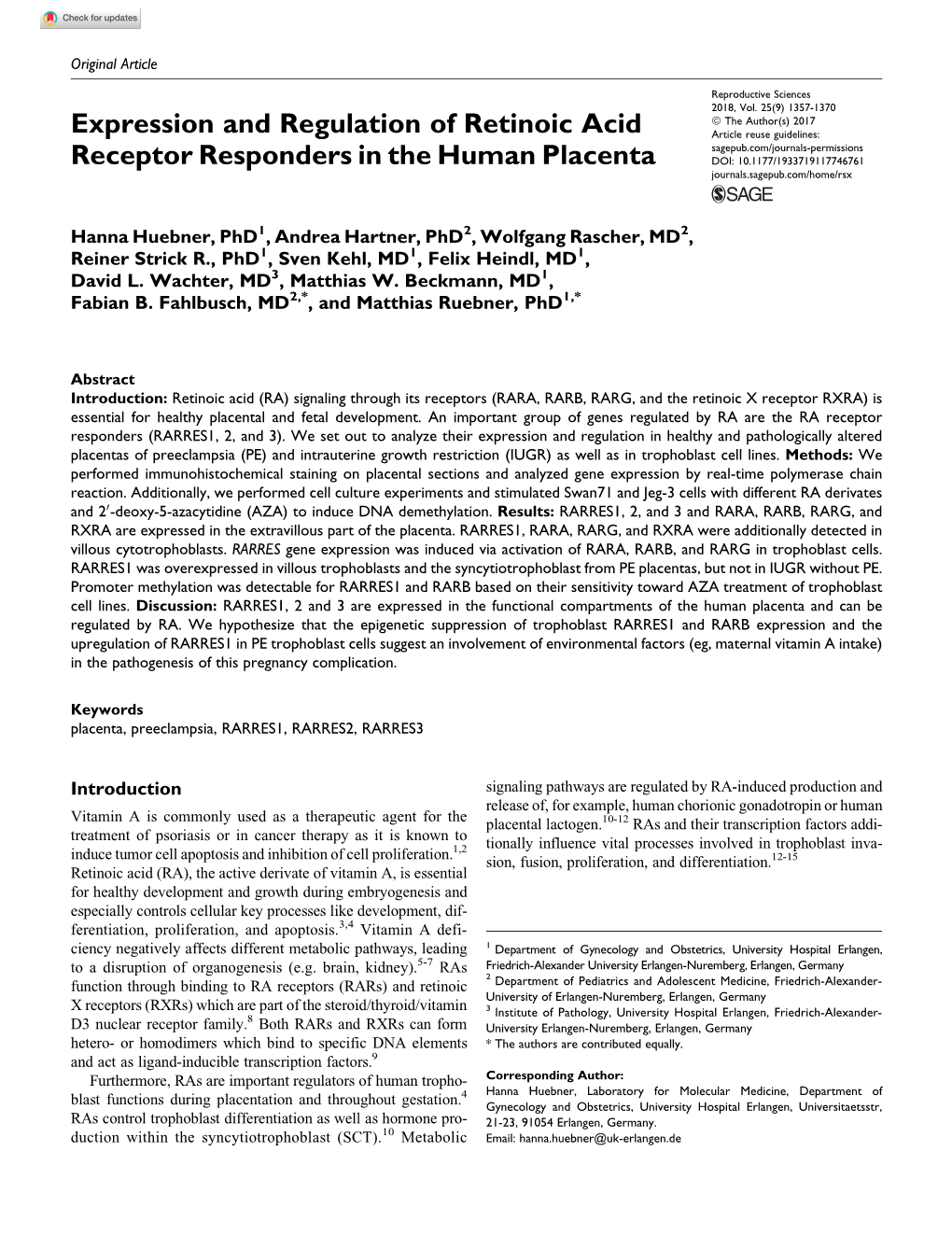 Expression and Regulation of Retinoic Acid Receptor Responders in The