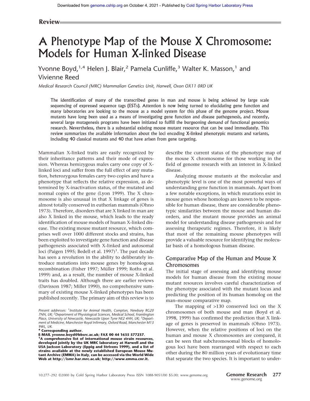 A Phenotype Map of the Mouse X Chromosome: Models for Human X-Linked Disease