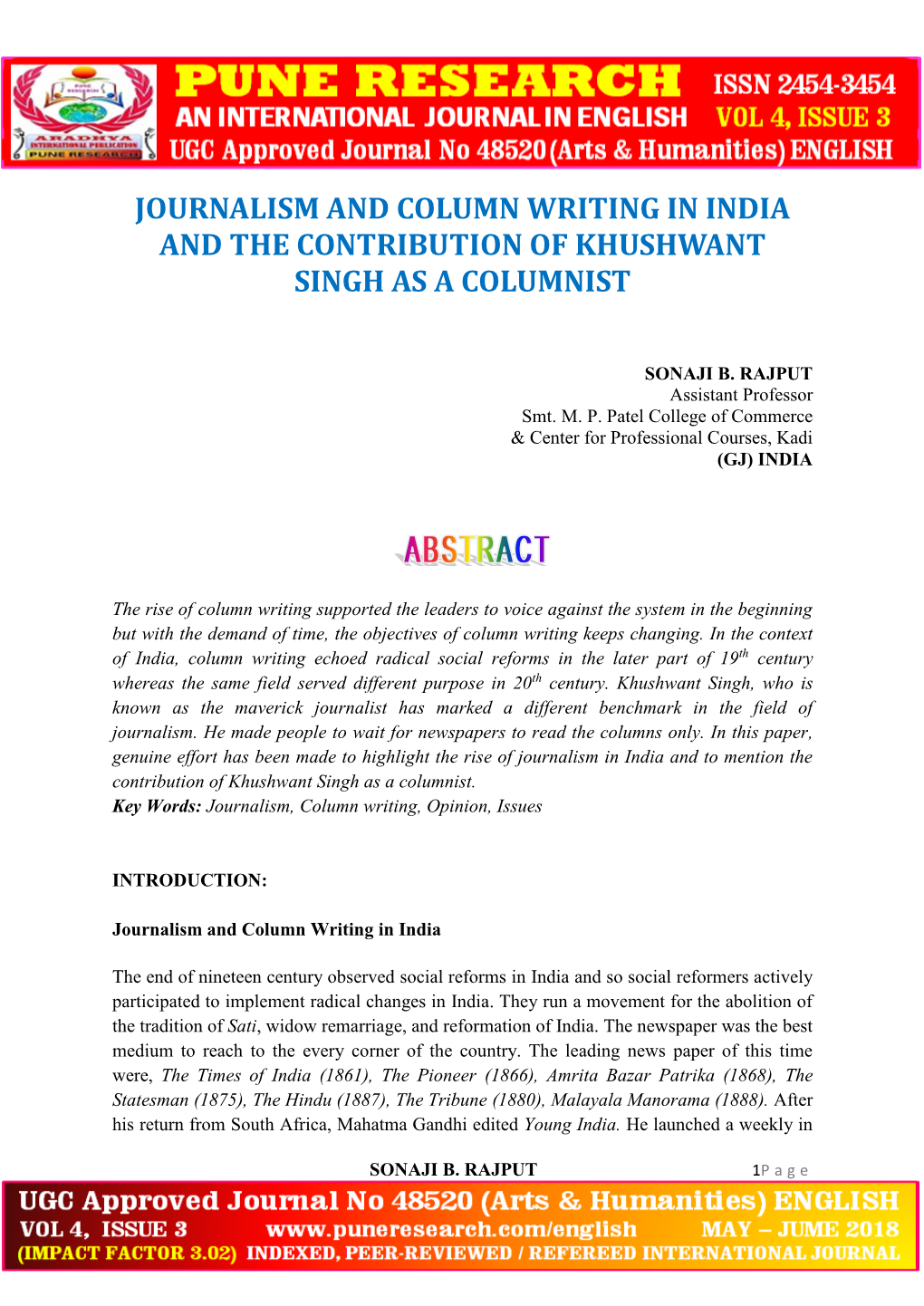 Journalism and Column Writing in India and the Contribution of Khushwant Singh As a Columnist