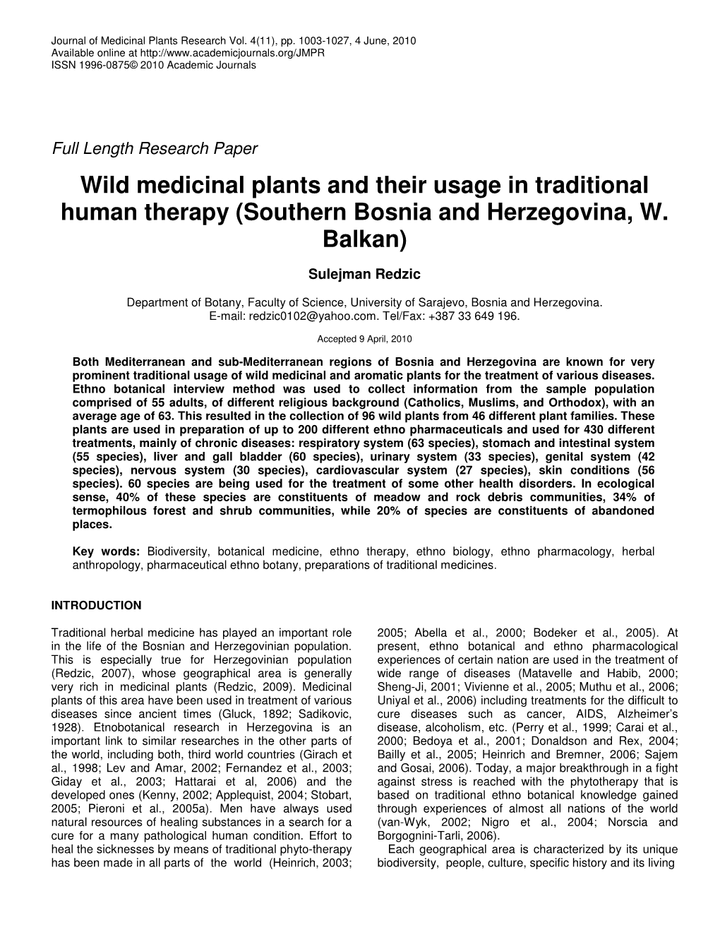 Wild Medicinal Plants and Their Usage in Traditional Human Therapy (Southern Bosnia and Herzegovina, W