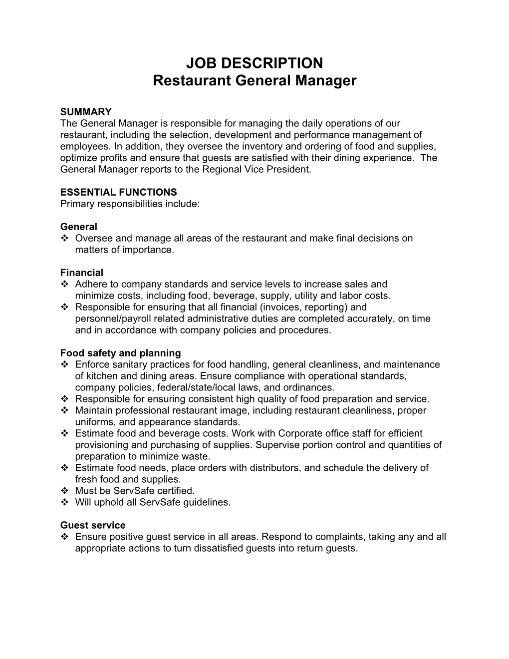 JOB DESCRIPTION Restaurant General Manager