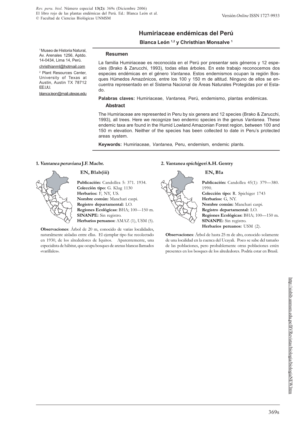 HUMIRIACEAE ENDÉMICAS DEL PERÚ Versión Online ISSN 1727-9933 © Facultad De Ciencias Biológicas UNMSM