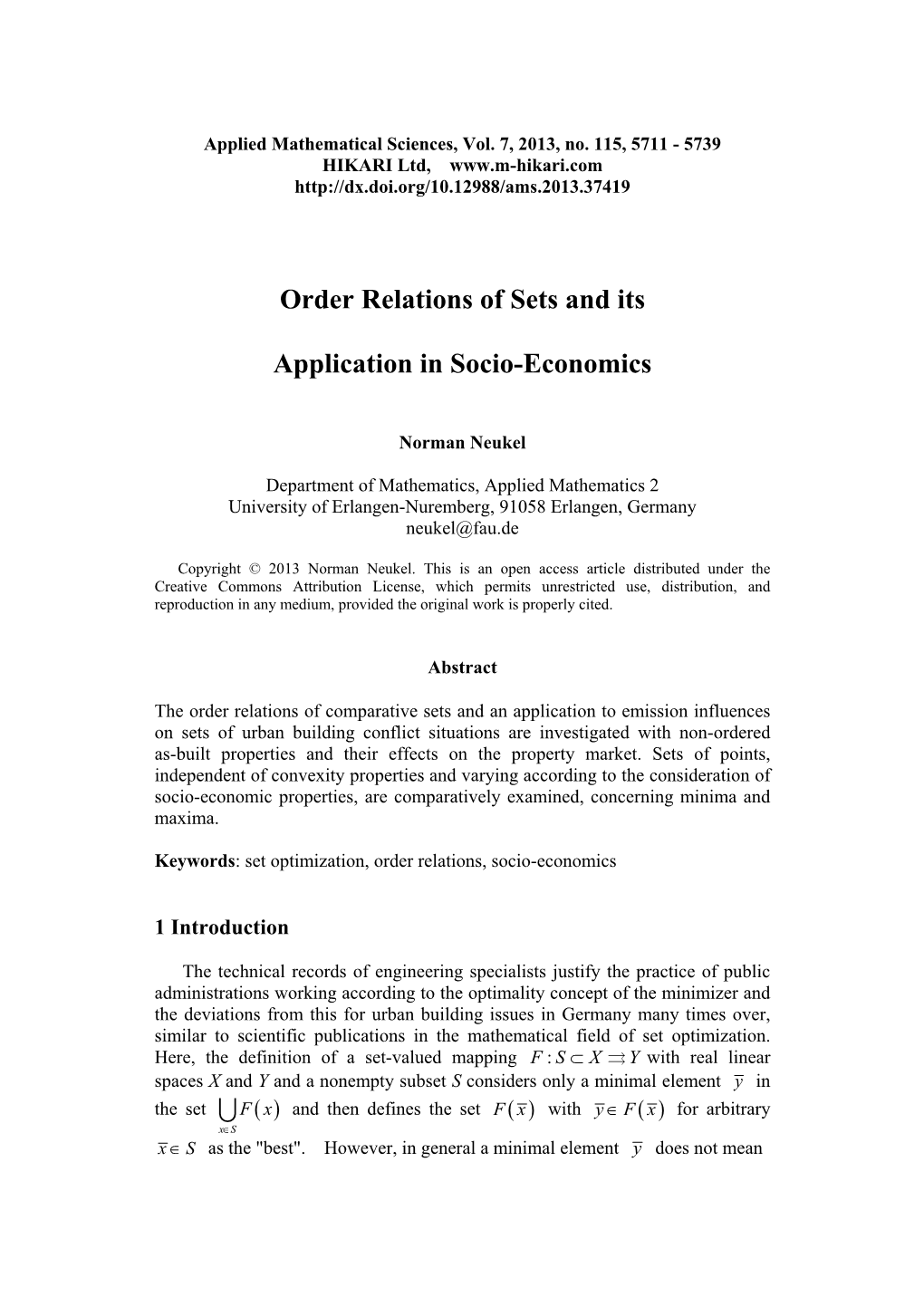 Order Relations of Sets and Its Application in Socio-Economics 5713