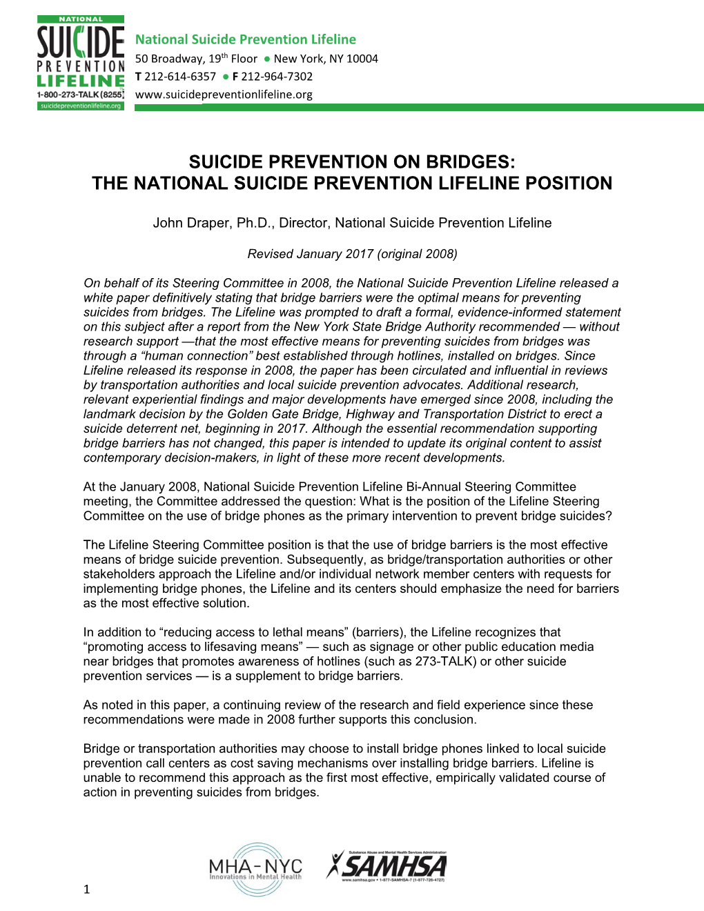 Suicide Prevention on Bridges: the National Suicide Prevention Lifeline Position