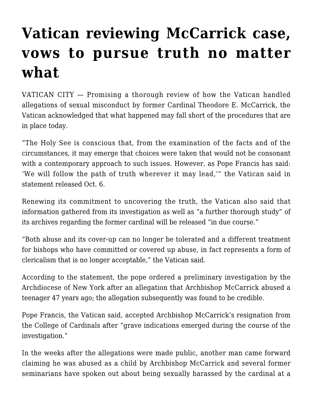 Vatican Reviewing Mccarrick Case, Vows to Pursue Truth No Matter What