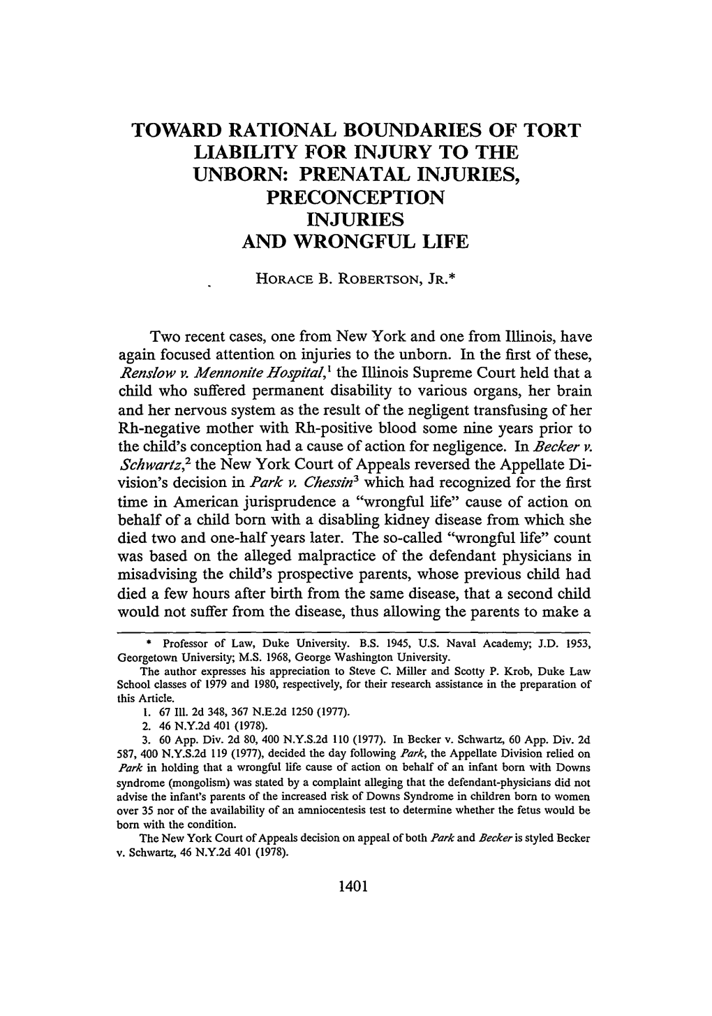 Toward Rational Boundaries of Tort Liability for Injury to the Unborn: Prenatal Injuries, Preconception Injuries and Wrongful Life