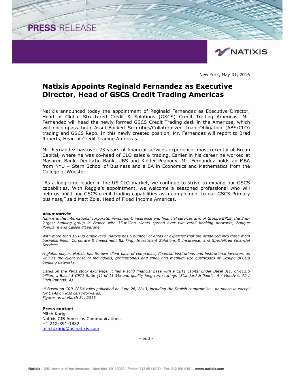 Natixis Appoints Reginald Fernandez As Executive Director, Head of GSCS Credit Trading Americas