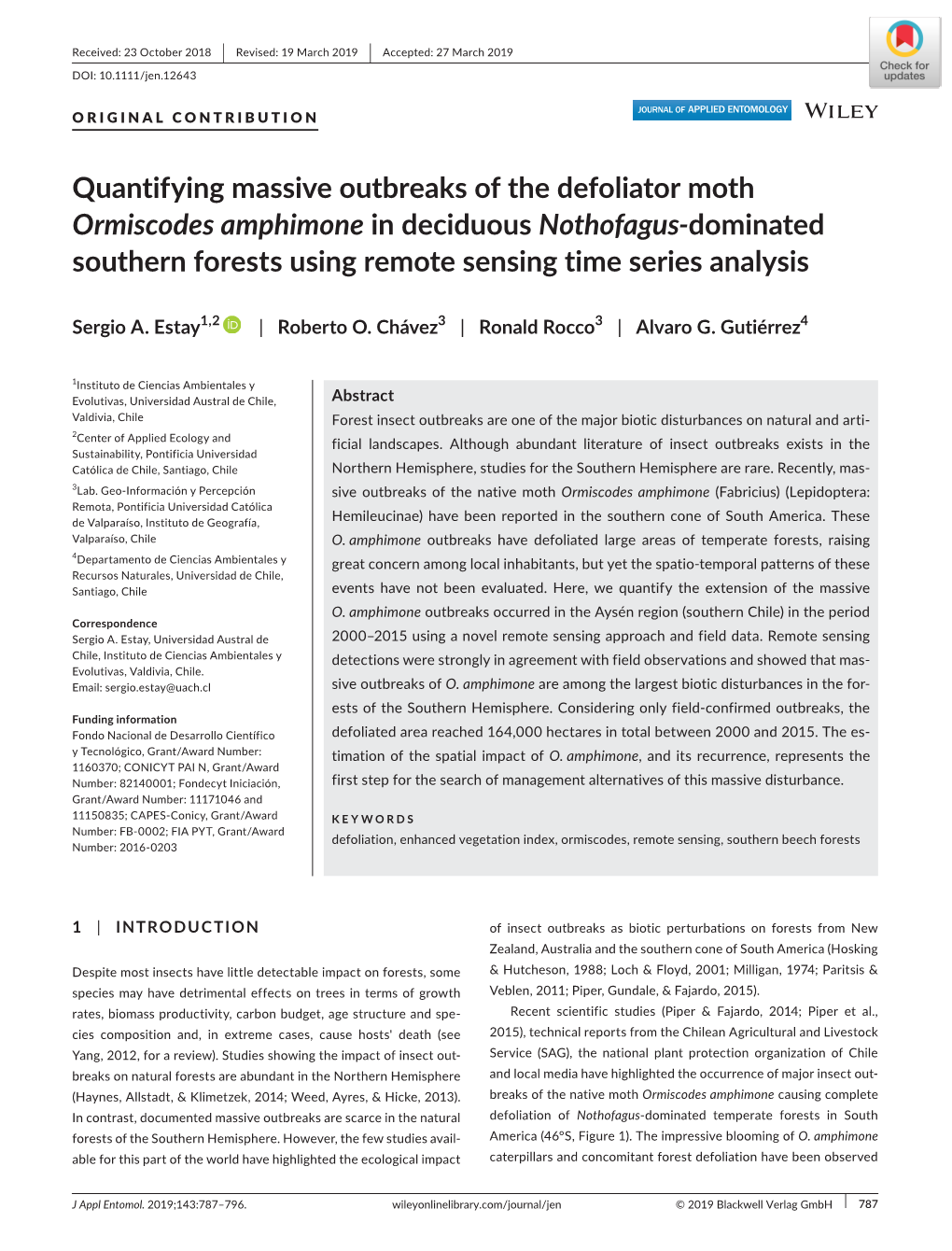 Quantifying Massive Outbreaks of the Defoliator Moth Ormiscodes Amphimone in Deciduous Nothofagus‐Dominated Southern Forests Using Remote Sensing Time Series Analysis