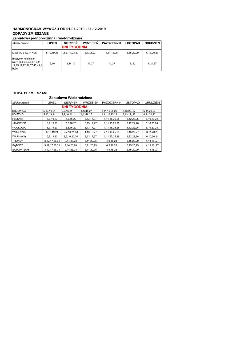 Harmonogram Wywozu Od 01-07-2019