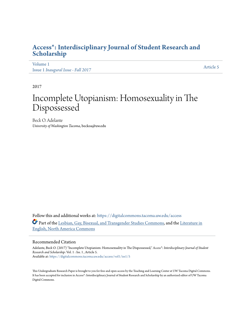 Incomplete Utopianism: Homosexuality in the Dispossessed Beck O