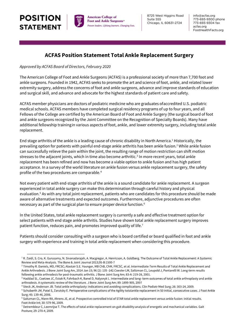 ACFAS Position Statement Total Ankle Replacement Surgery