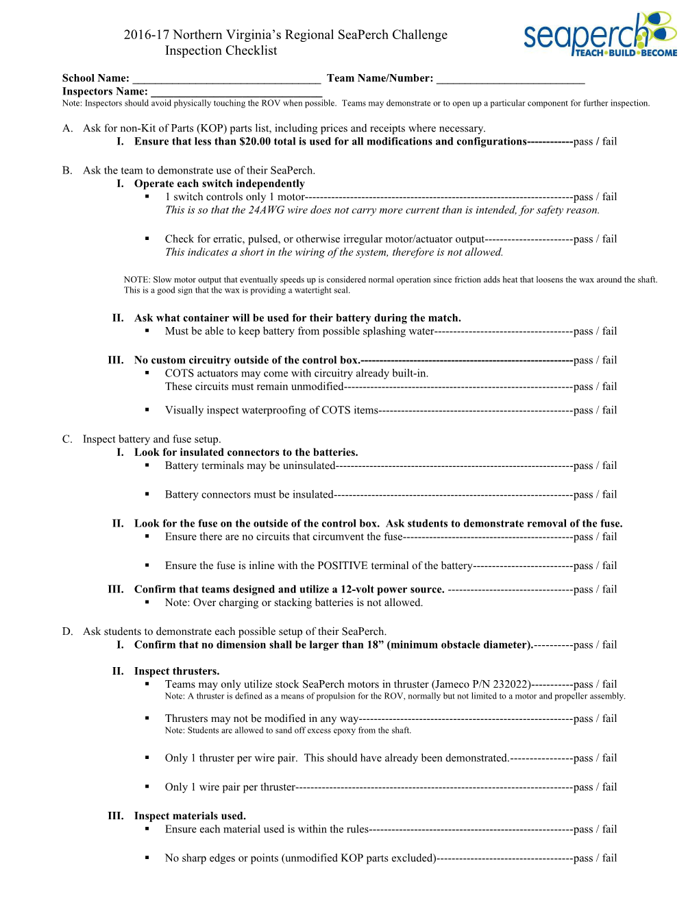 Seaperch Inspection Checklist