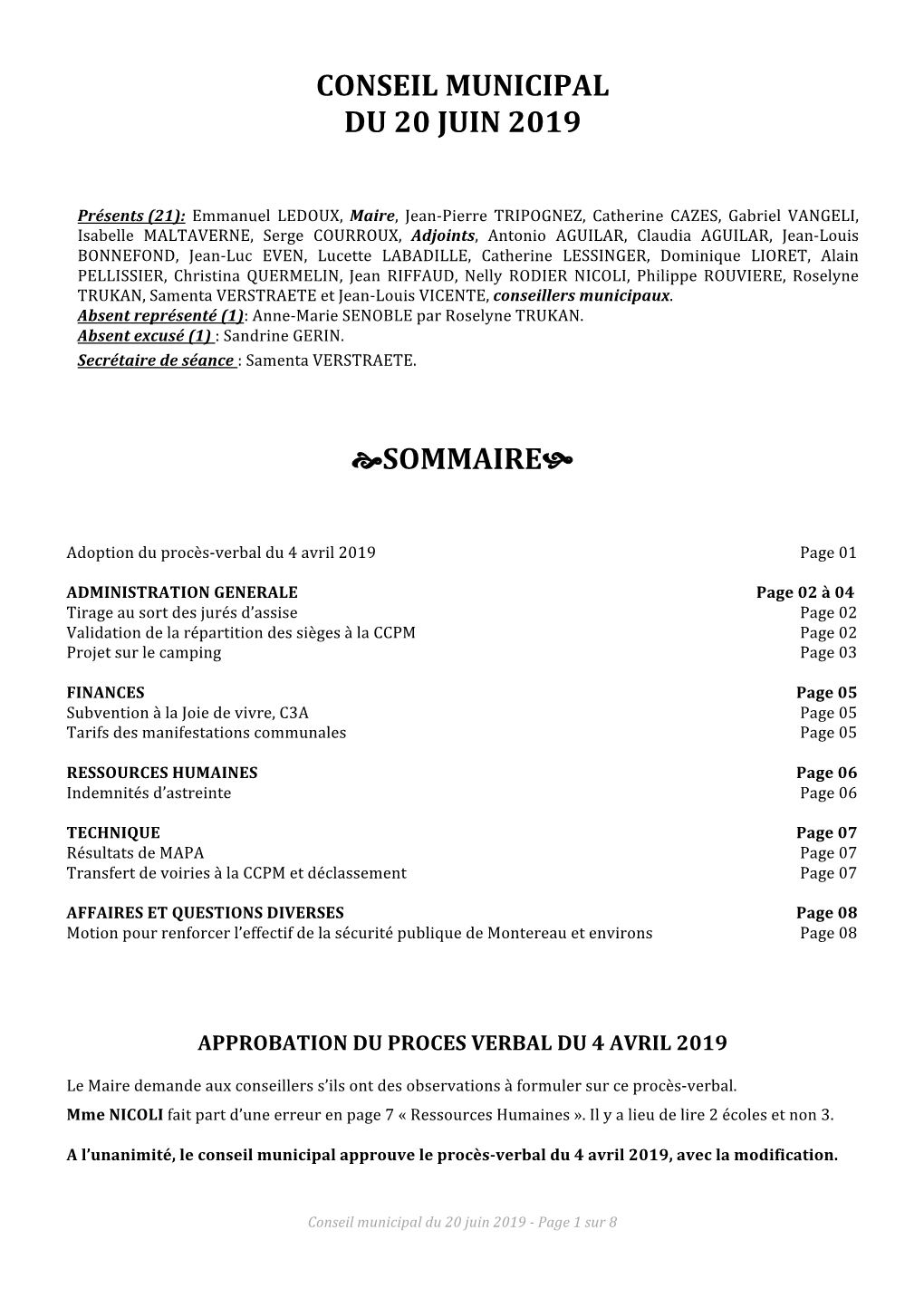 Conseil Municipal Du 20 Juin 2019