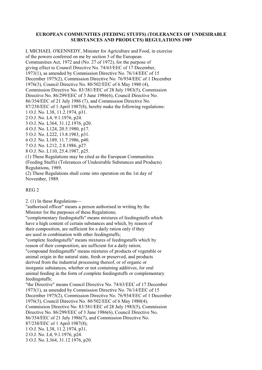 European Communities (Feeding Stuffs) (Tolerances of Undesirable