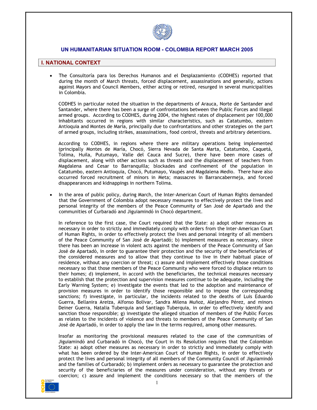 Un Humanitarian Situation Room - Colombia Report March 2005