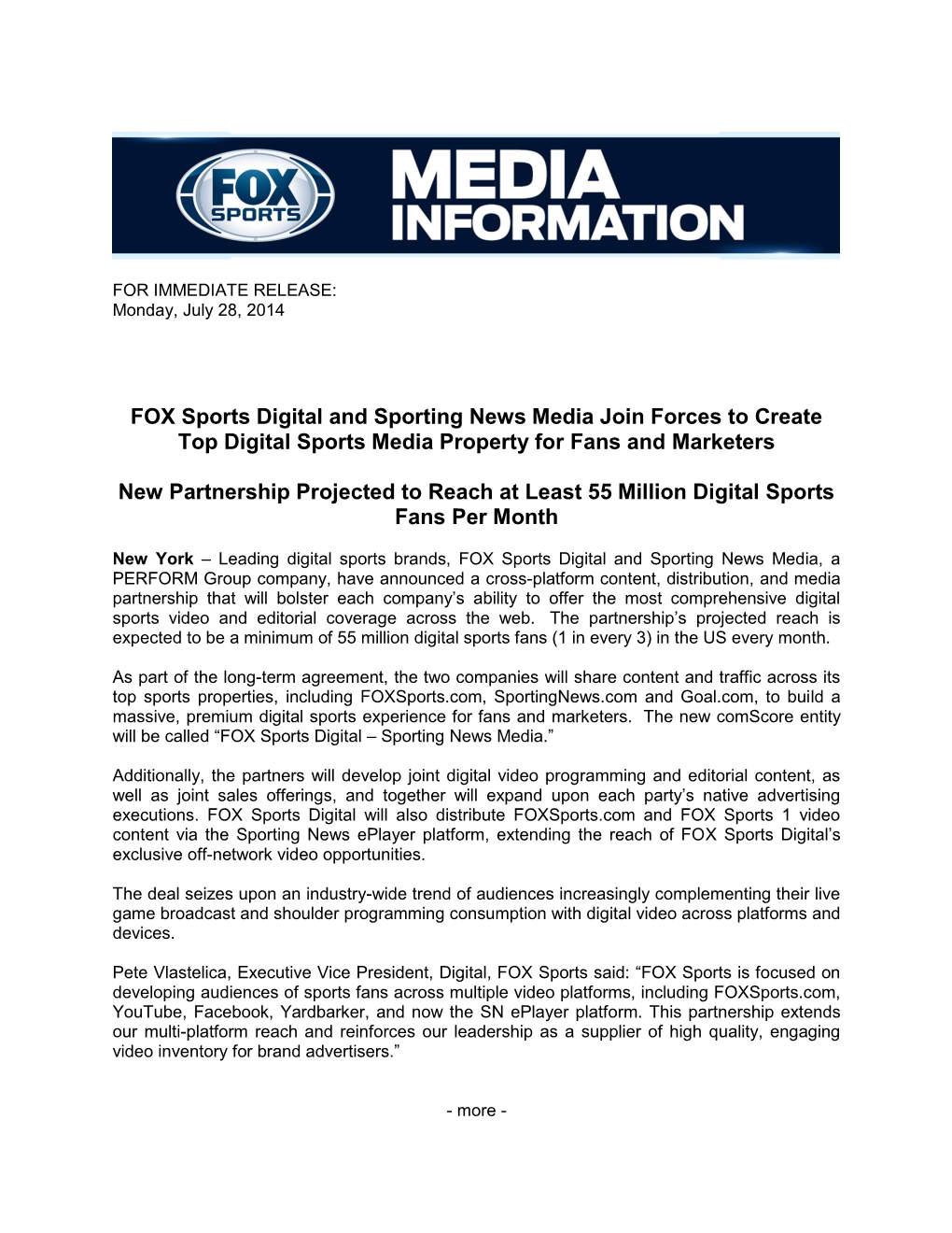 FOX Sports Digital and Sporting News Media Join Forces to Create Top Digital Sports Media Property for Fans and Marketers