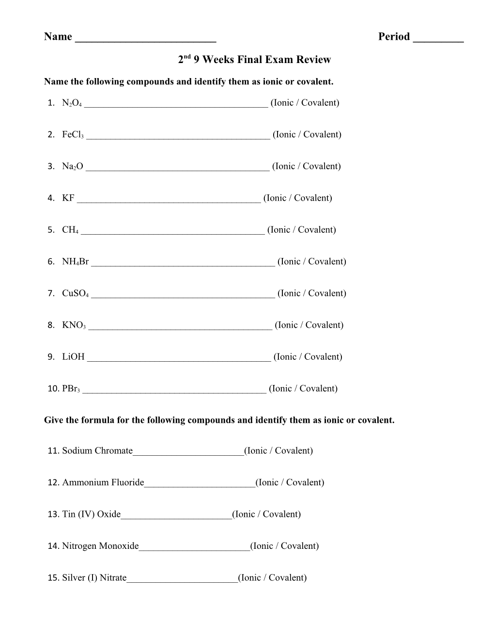 2Nd 9 Weeks Final Exam Review