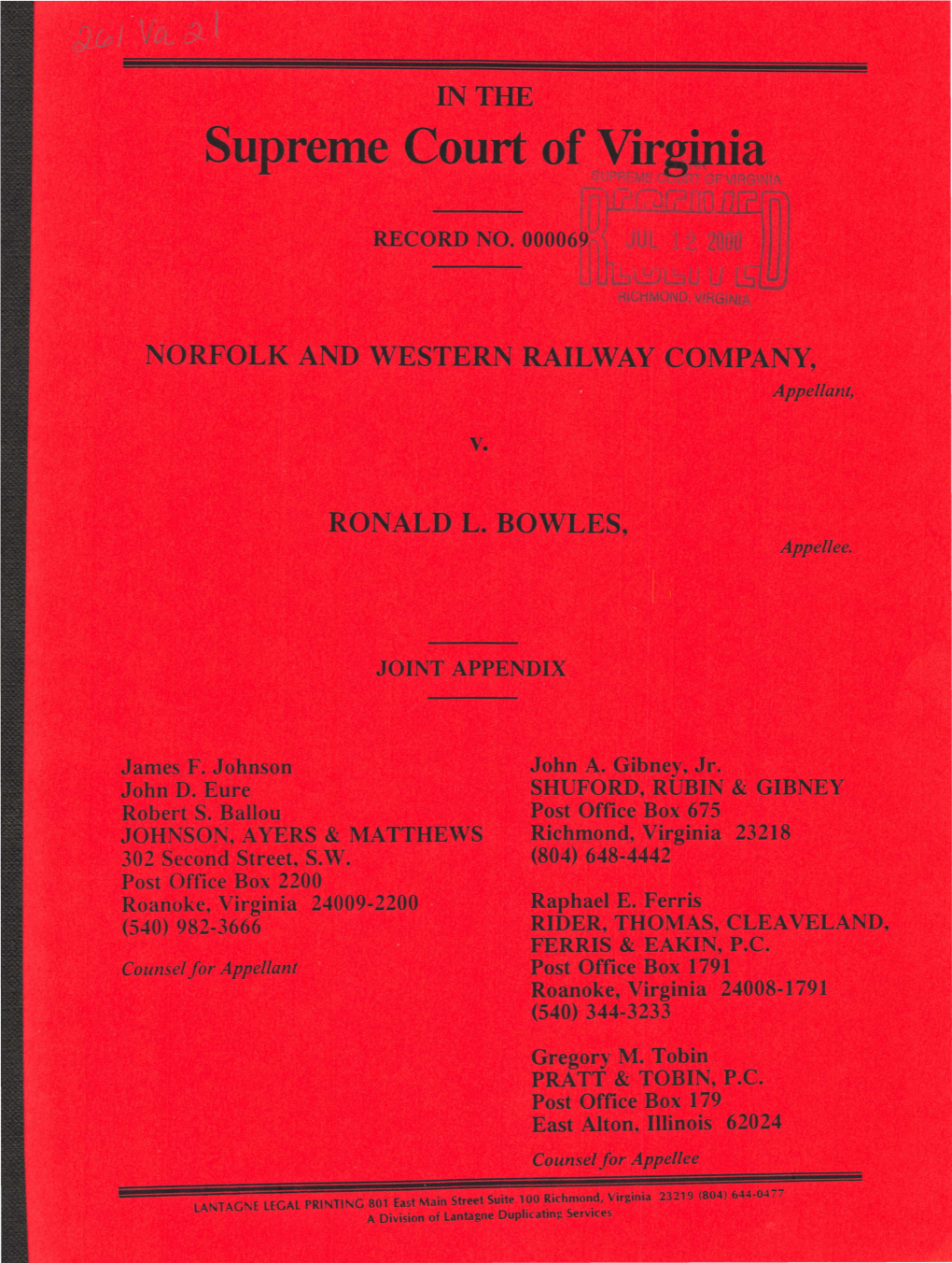 NORFOLK and WESTERN RAILWAY Col\1PANY, RONALD L. BOWLES