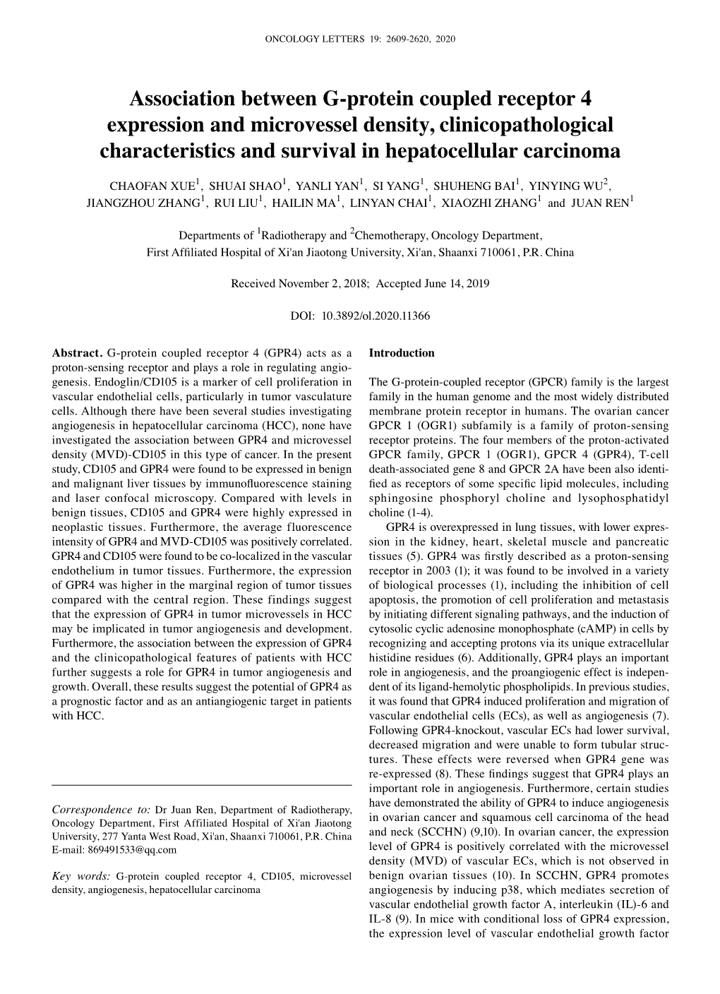 Association Between G‑Protein Coupled Receptor 4 Expression and Microvessel Density, Clinicopathological Characteristics and Survival in Hepatocellular Carcinoma