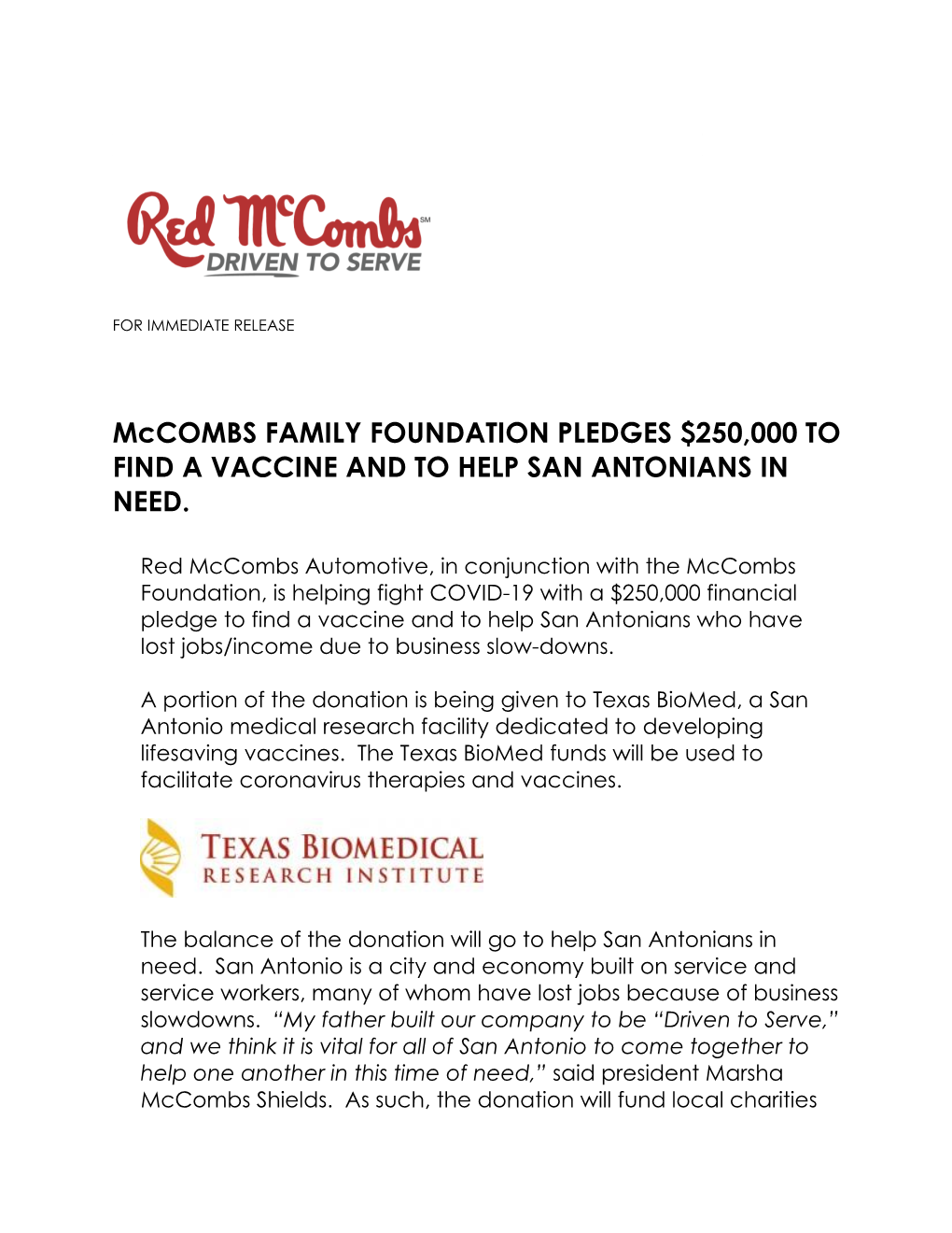 Mccombs FAMILY FOUNDATION PLEDGES $250,000 to FIND a VACCINE and to HELP SAN ANTONIANS in NEED