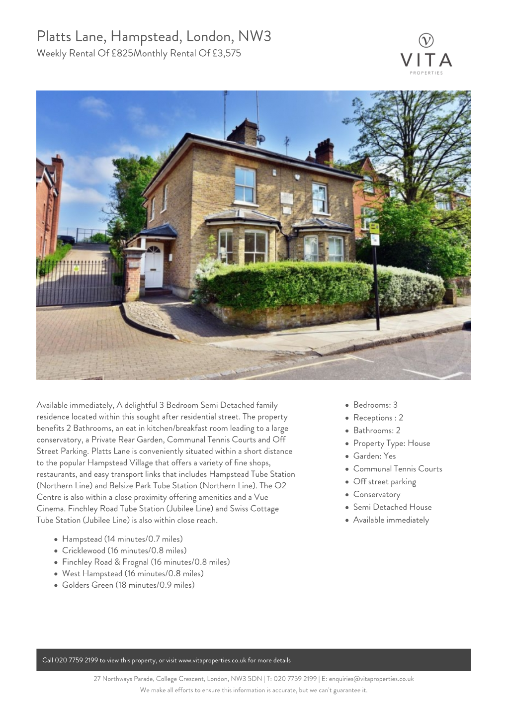 Platts Lane, Hampstead, London, NW3 Weekly Rental of £825Monthly Rental of £3,575