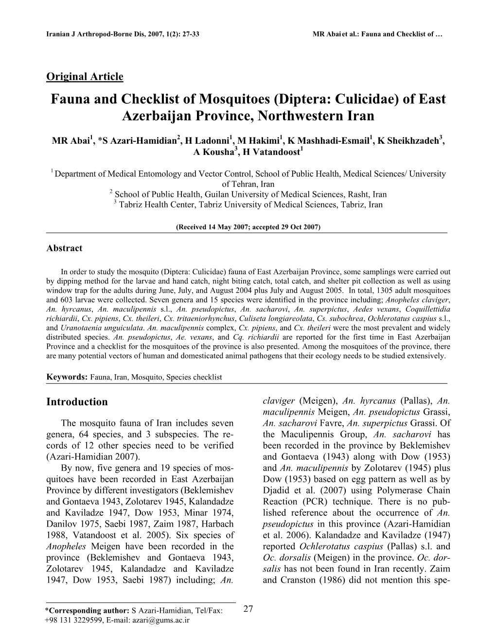 Diptera: Culicidae) of East Azerbaijan Province, Northwestern Iran