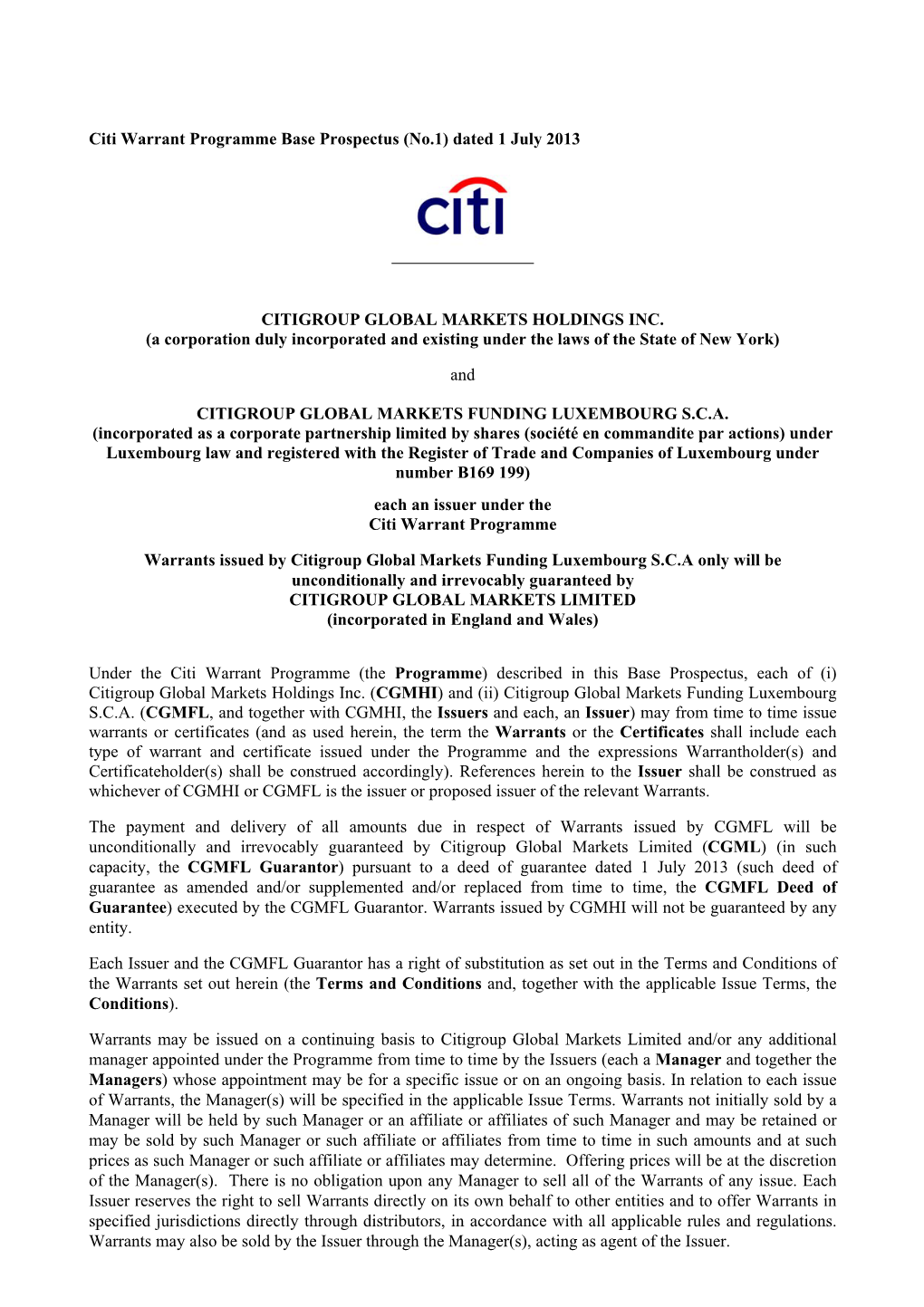 Citi Warrant Programme Base Prospectus (No.1) Dated 1 July 2013