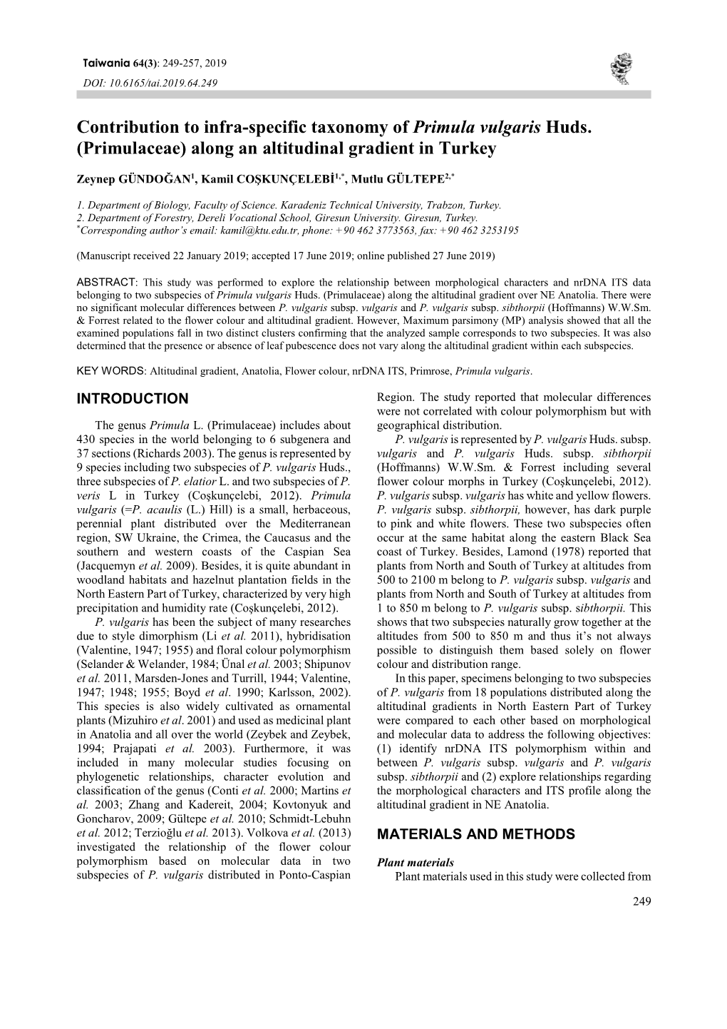 Contribution to Infra-Specific Taxonomy of Primula Vulgaris Huds. (Primulaceae) Along an Altitudinal Gradient in Turkey