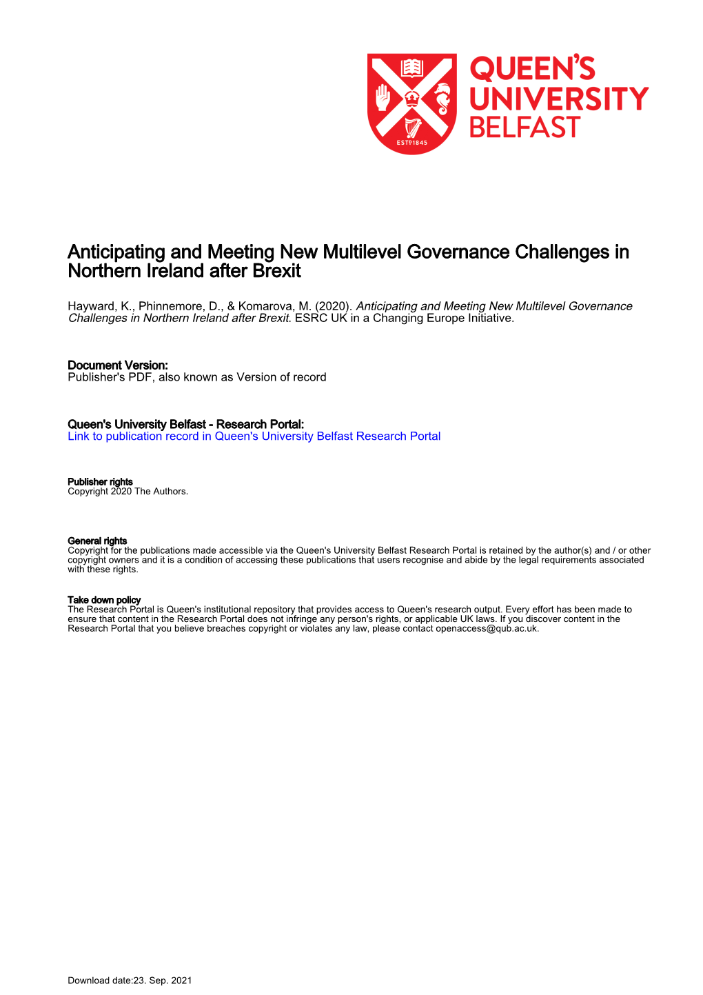 Anticipating and Meeting New Multilevel Governance Challenges in Northern Ireland After Brexit