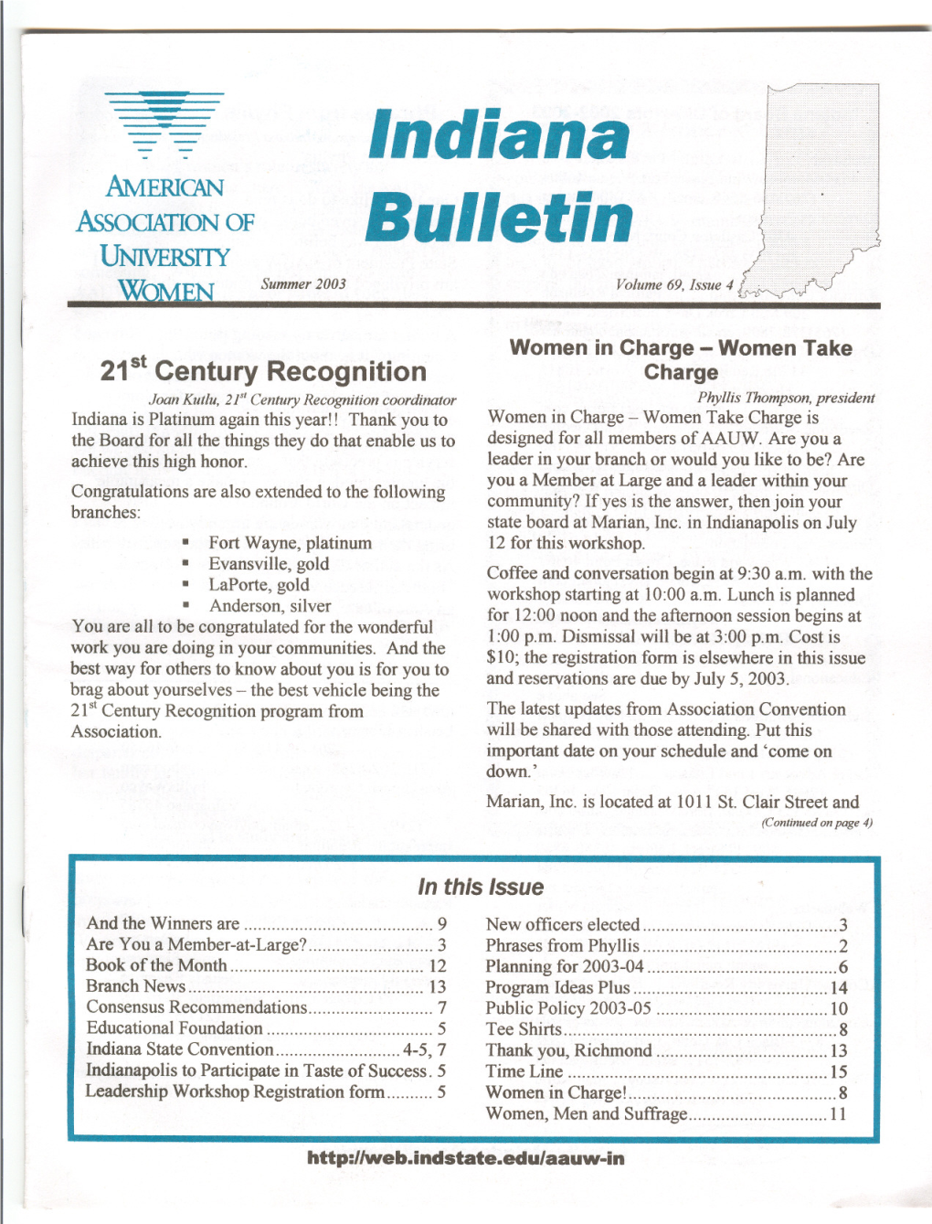 Indiana Bulletin Is Published Four Times Each Year 320 North Kibby, Clinton 47842 for Members of Indiana AAUW