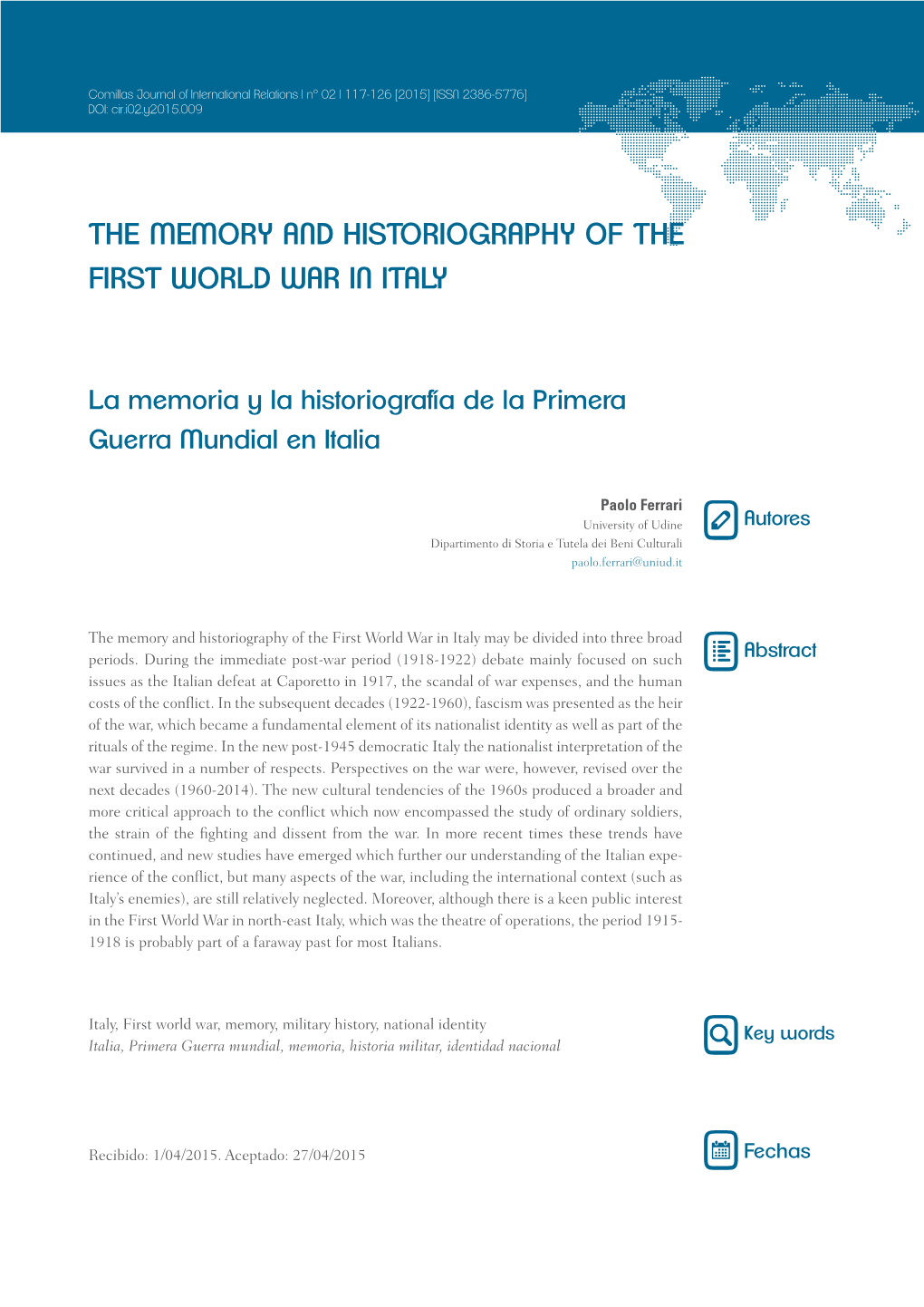 The Memory and Historiography of the First World War in Italy