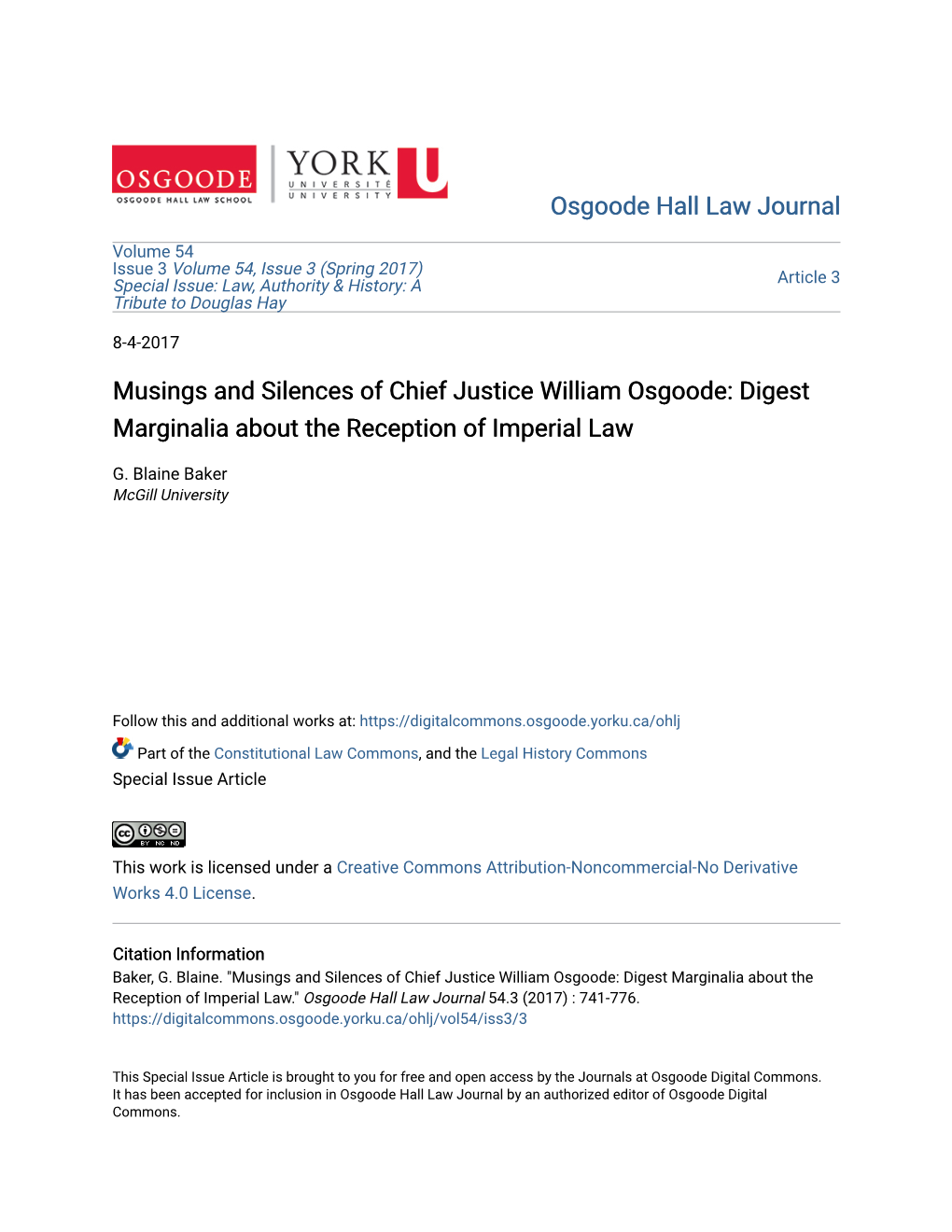 Musings and Silences of Chief Justice William Osgoode: Digest Marginalia About the Reception of Imperial Law