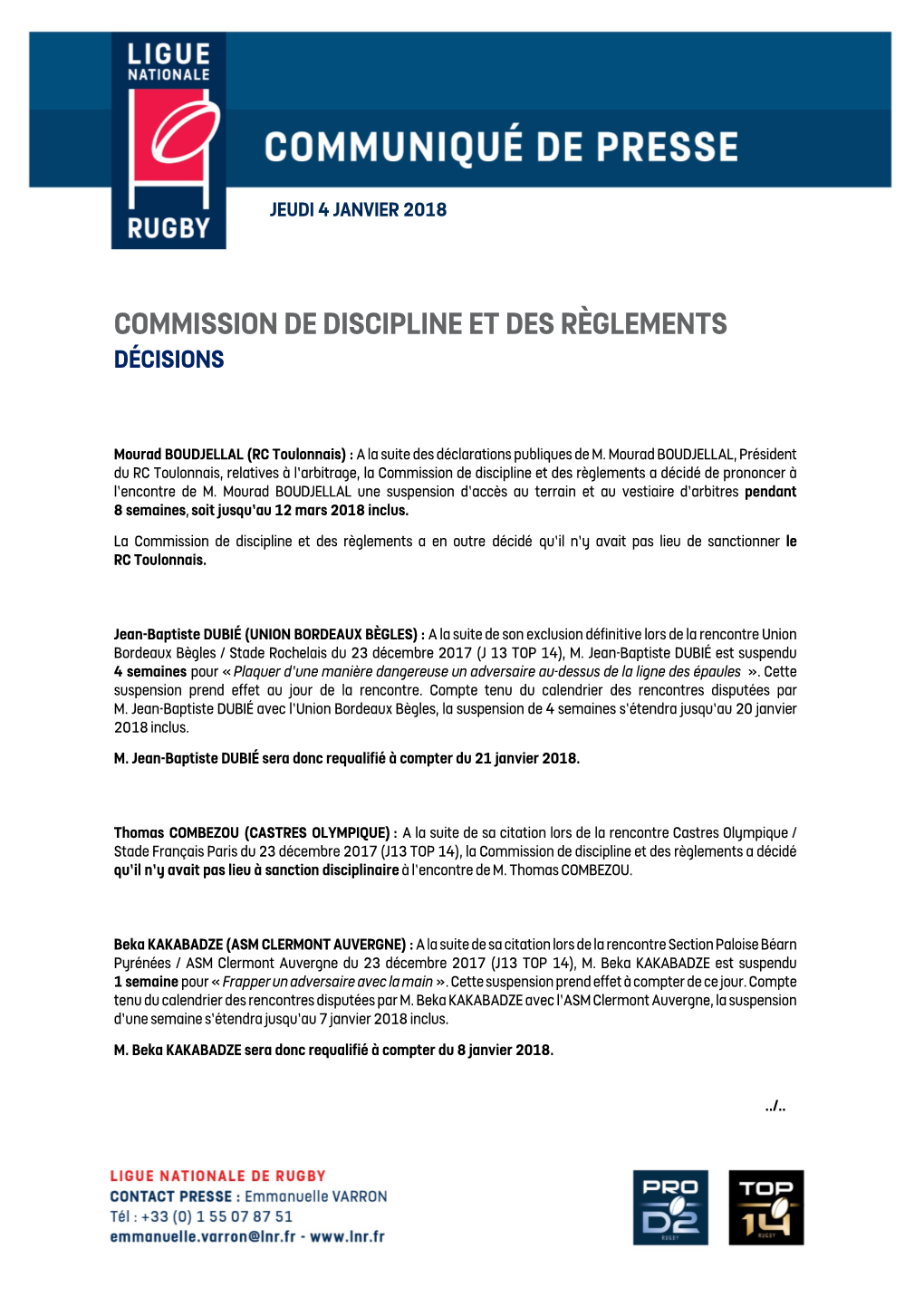 Commission De Discipline Et Des Règlements Décisions