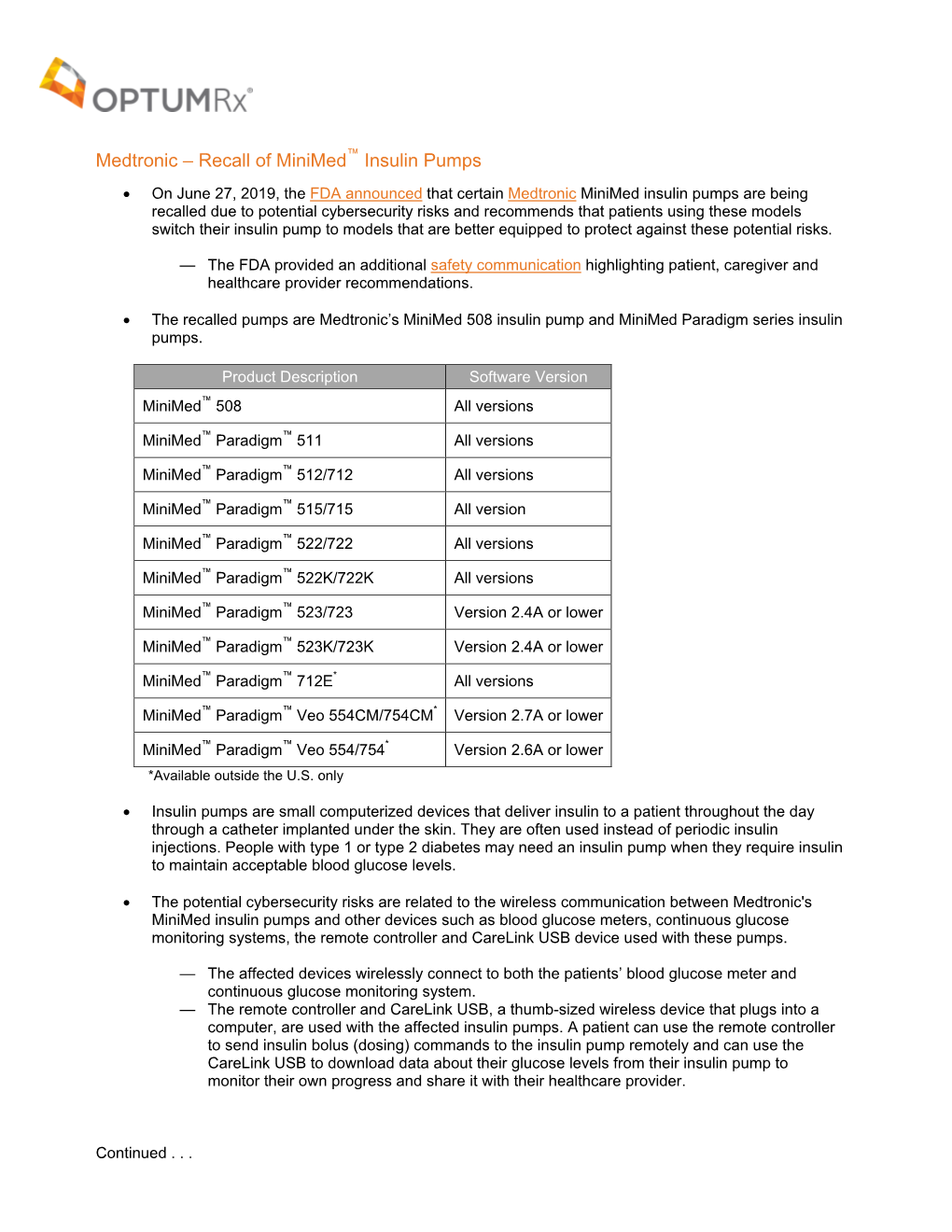 Medtronic – Recall of Minimed Insulin Pumps