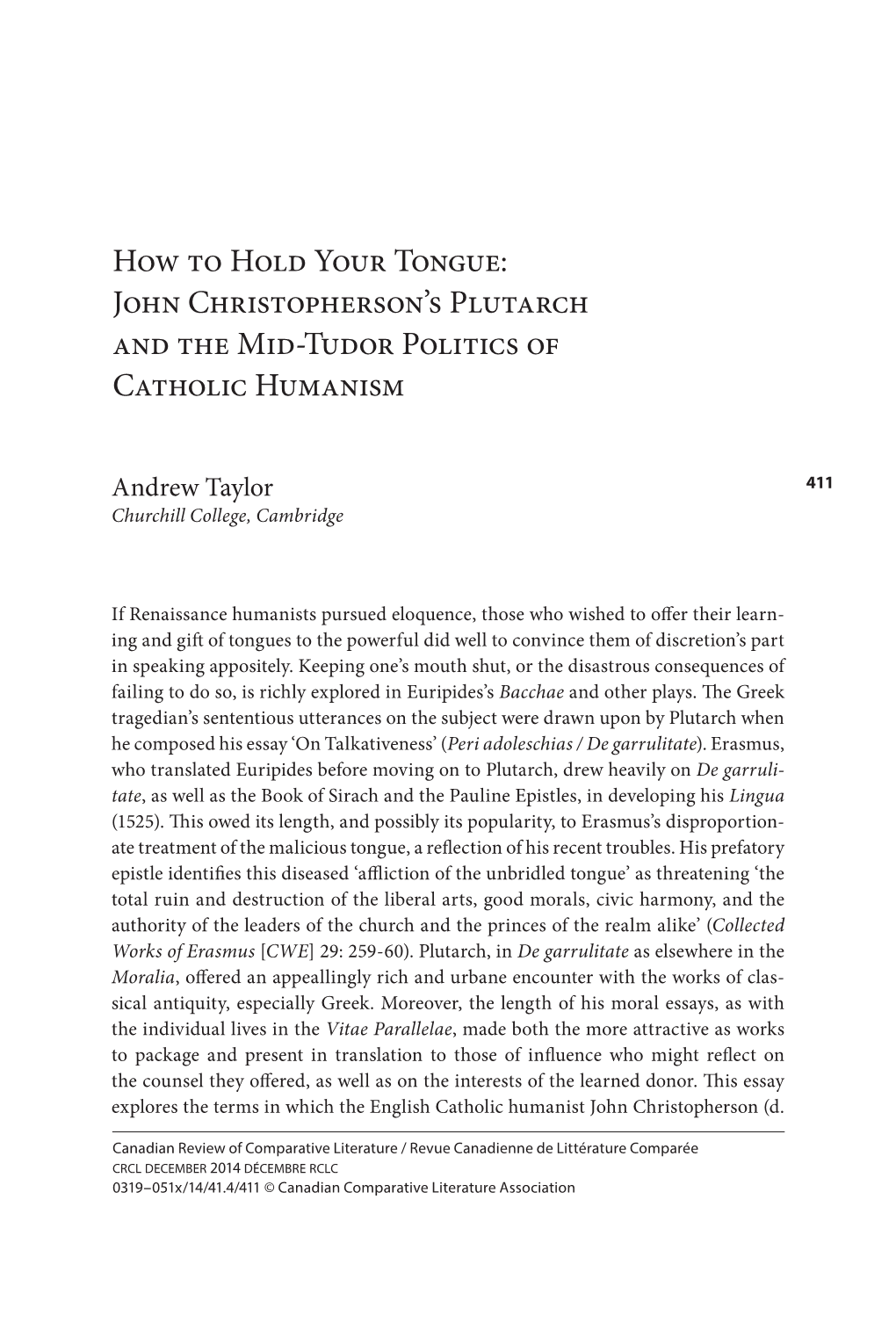 John Christopherson's Plutarch and the Mid-Tudor Politics of Catholic