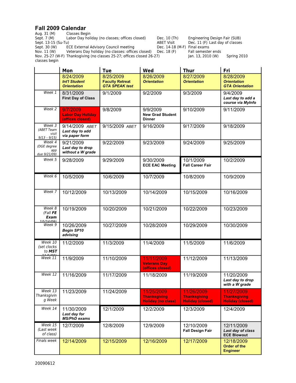 Fall 2009 Calendar