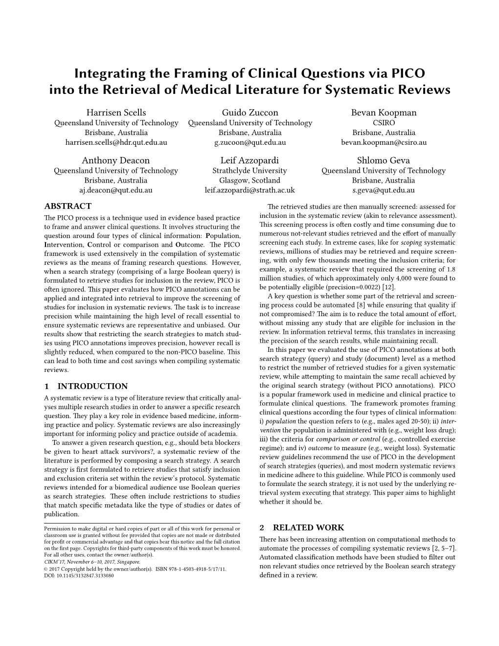 Integrating the Framing of Clinical ƒEstions Via PICO Into the Retrieval of Medical Literature for Systematic Reviews