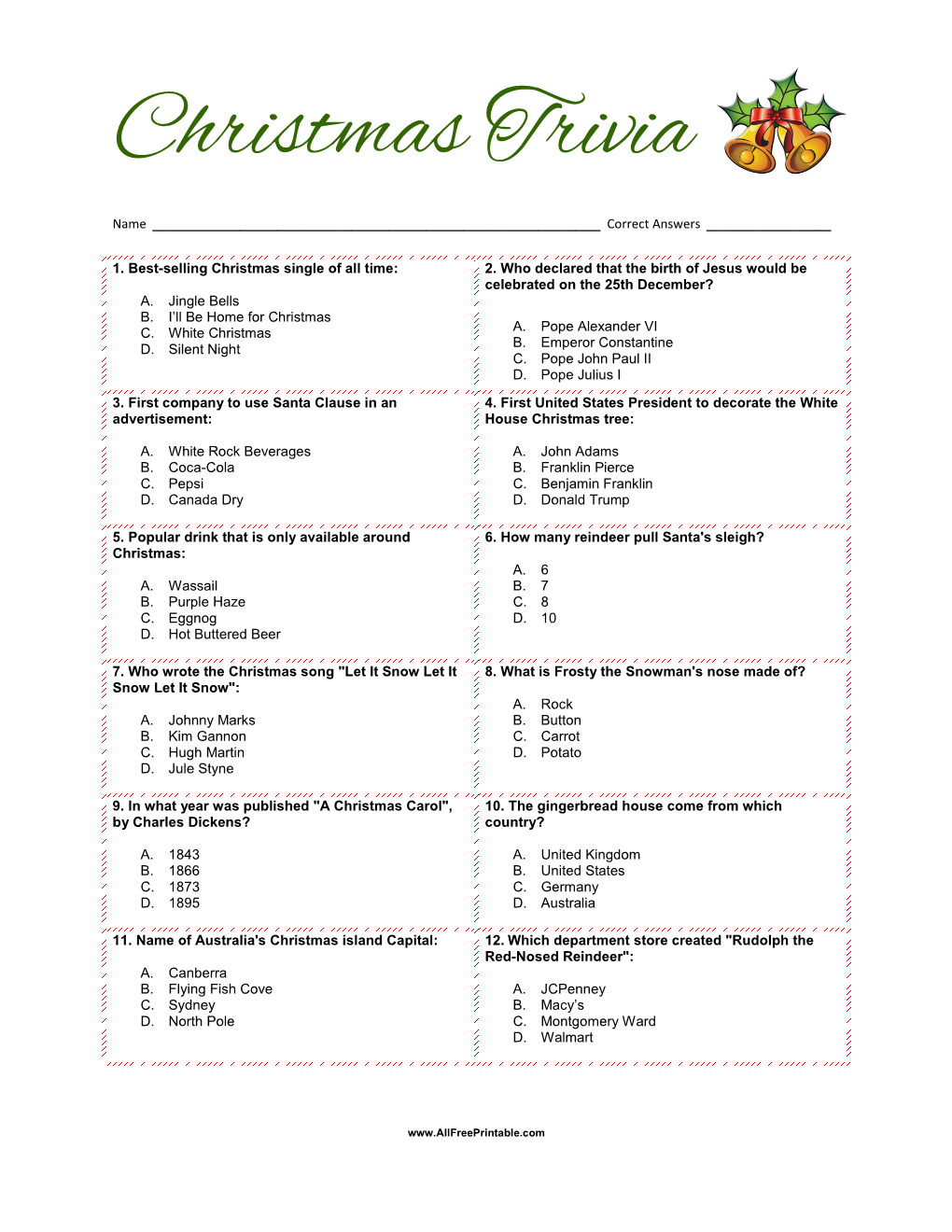 Free Printable Christmas Trivia