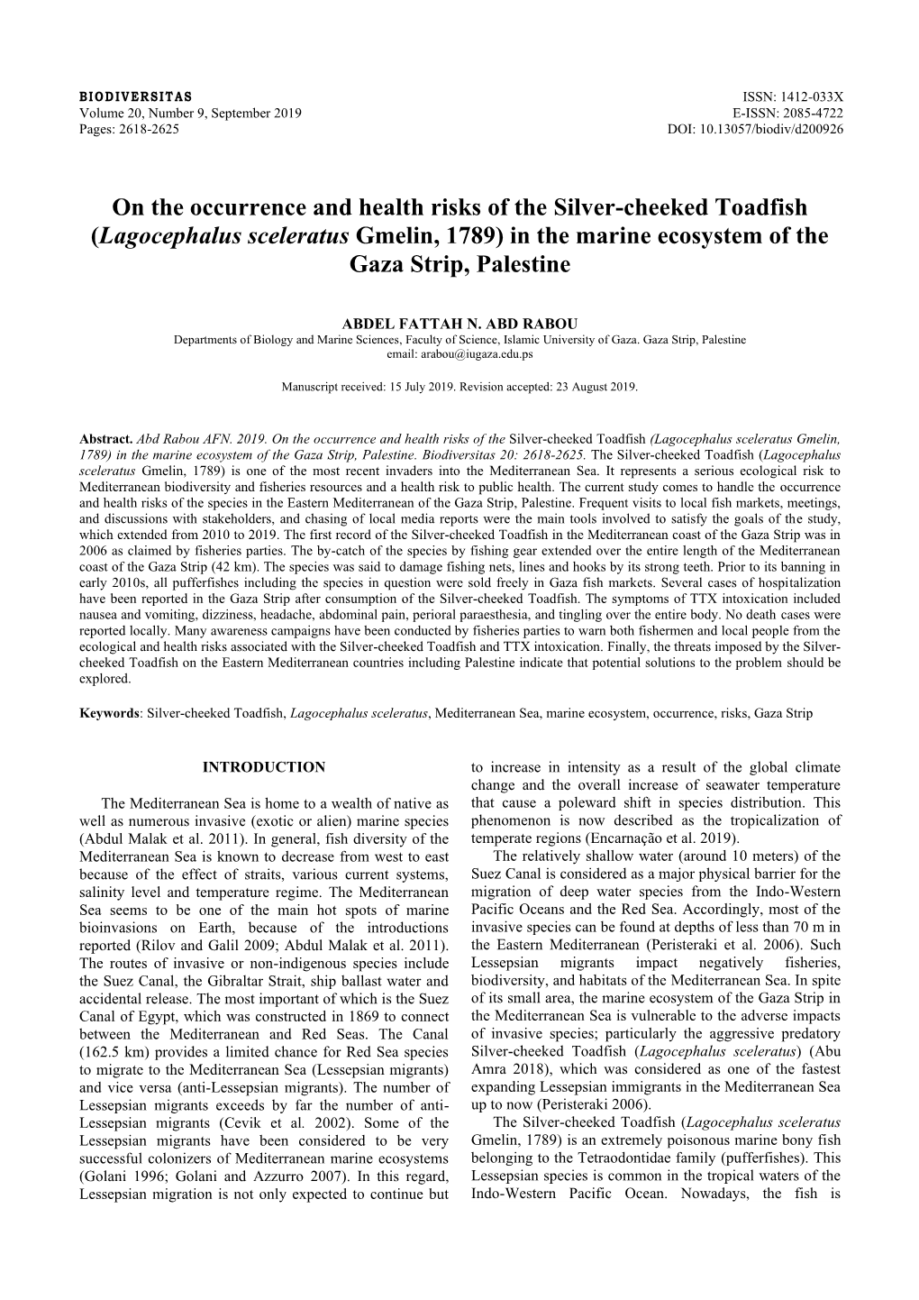 Lagocephalus Sceleratus Gmelin, 1789) in the Marine Ecosystem of the Gaza Strip, Palestine