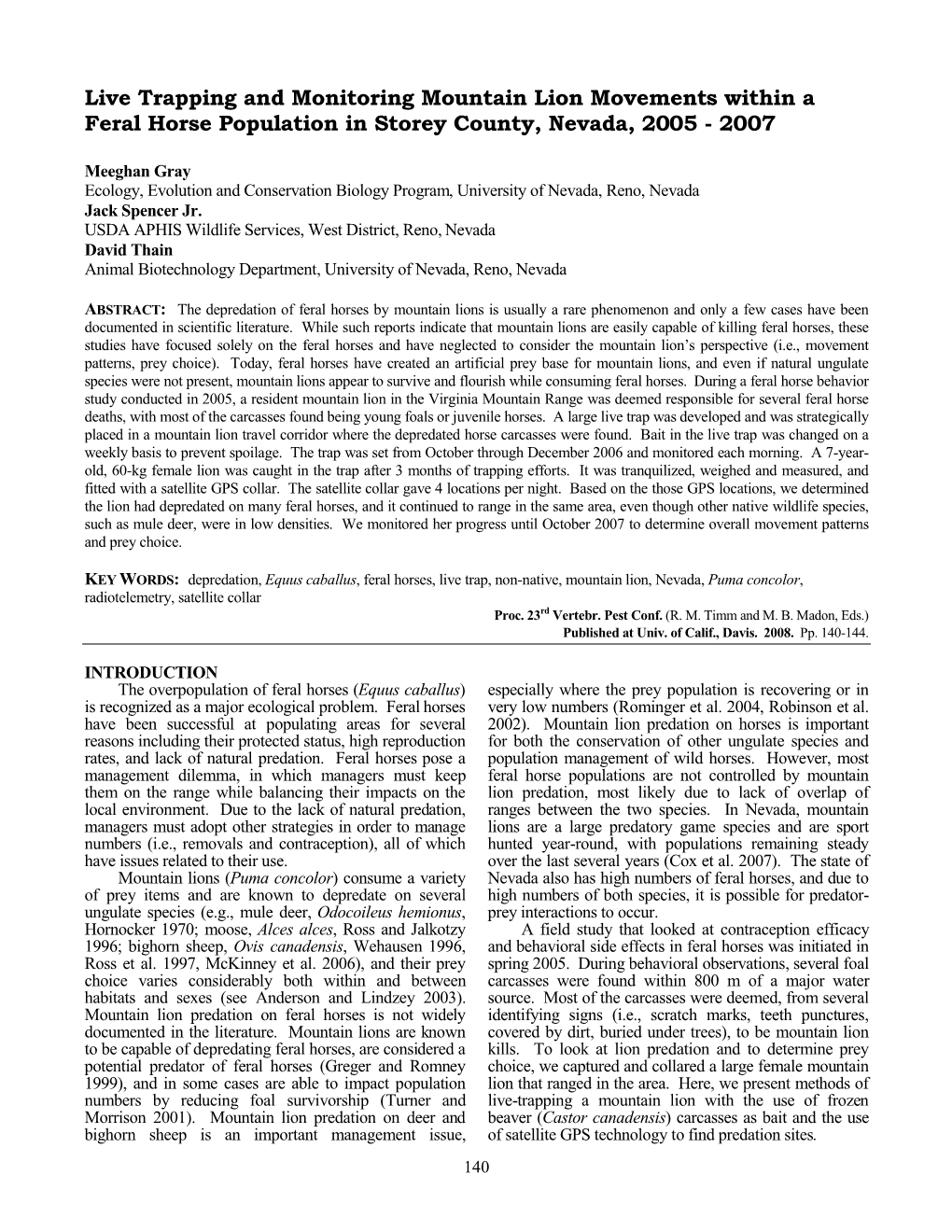 Live Trapping and Monitoring Mountain Lion Movements Within a Feral Horse Population in Storey County, Nevada, 2005 - 2007