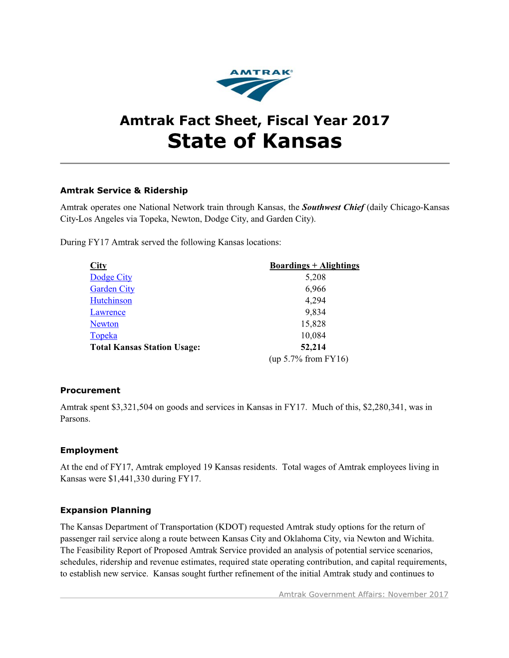 Amtrak Fact Sheet, Fiscal Year 2017 State of Kansas