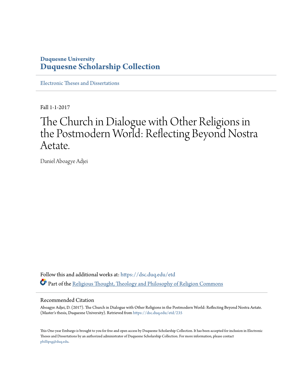 The Church in Dialogue with Other Religions in the Postmodern World