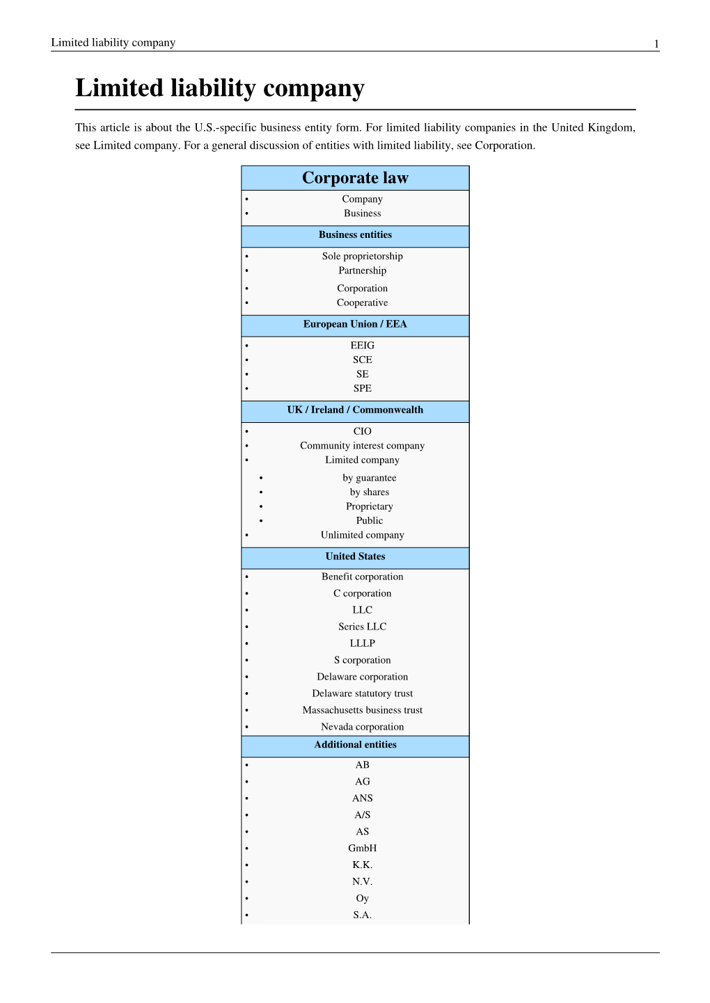 Limited Liability Company 1 Limited Liability Company