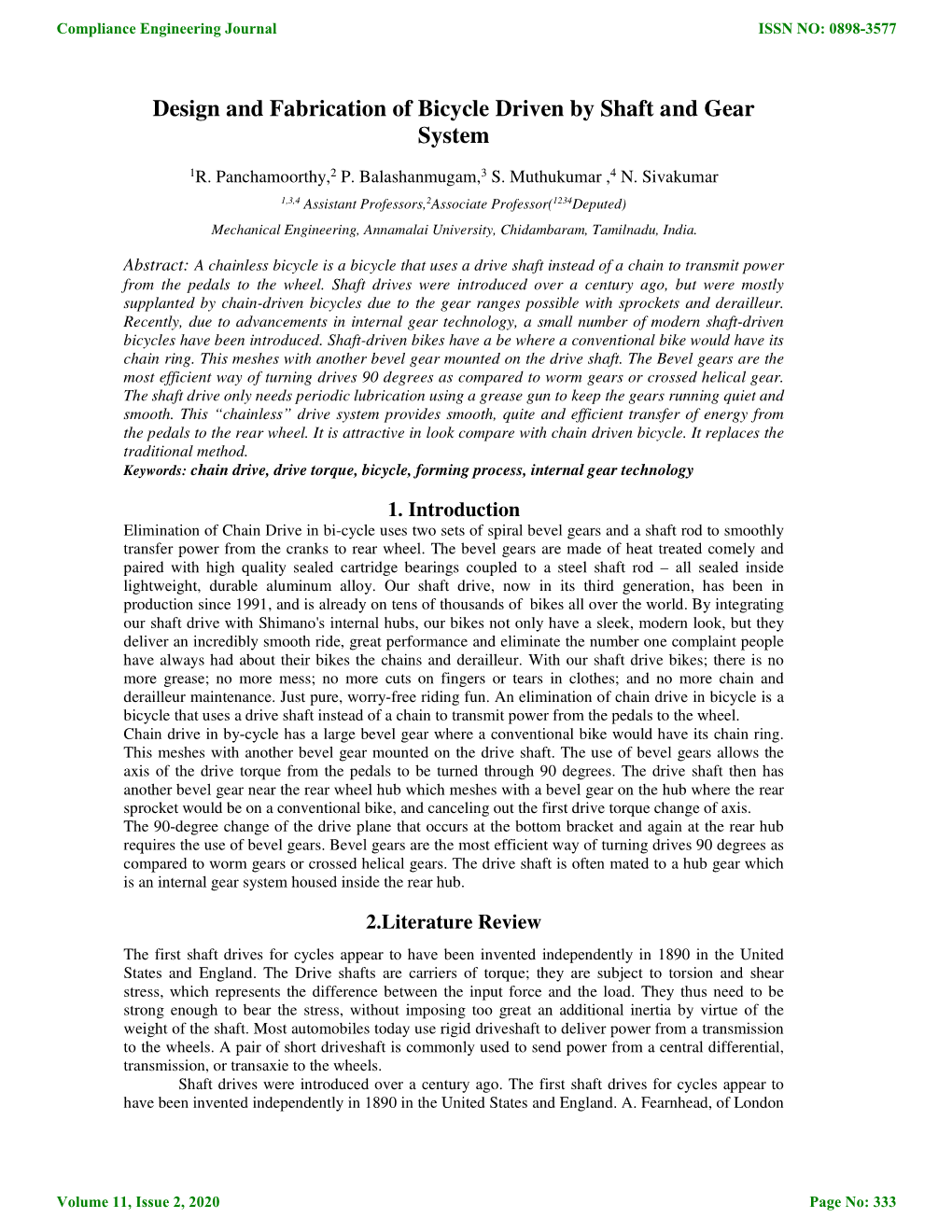 Design and Fabrication of Bicycle Driven by Shaft and Gear System